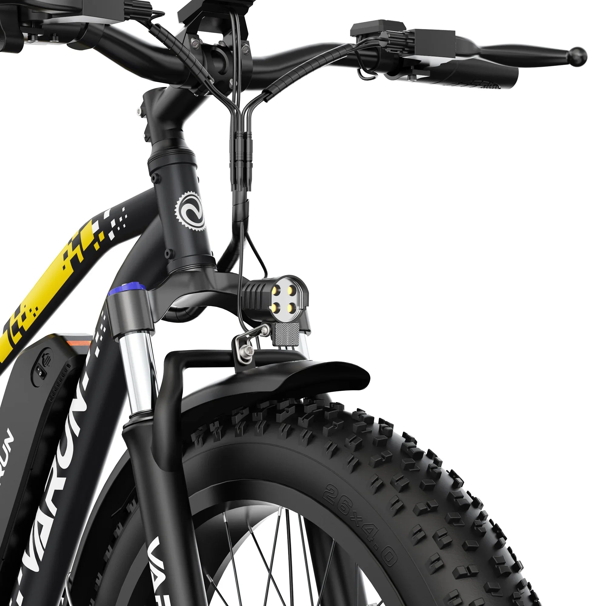 Close-up of black electric fat tire bike with front suspension, LED light, and digital display on handlebars