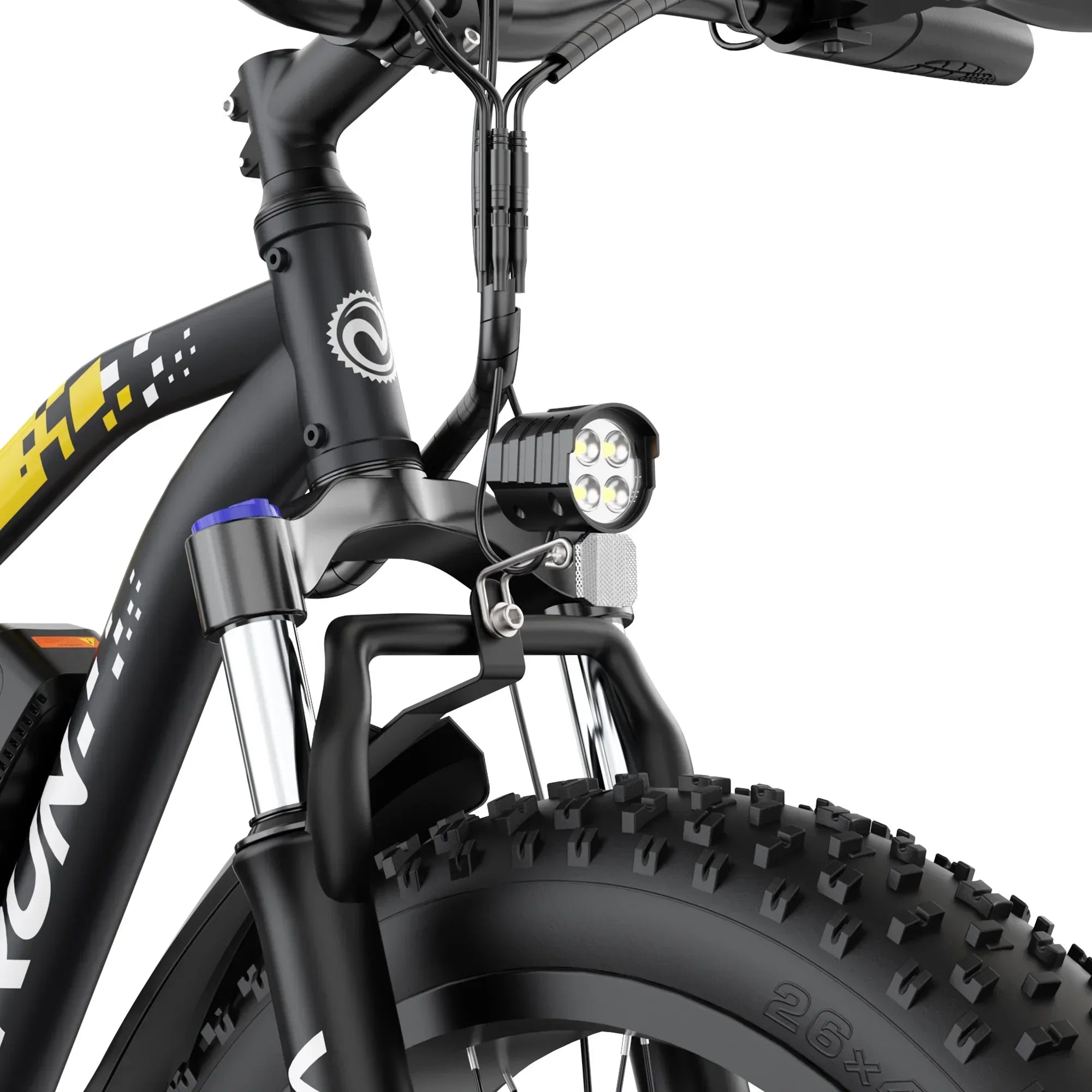 Close-up of black fat tire mountain bike front suspension and LED headlight on white background