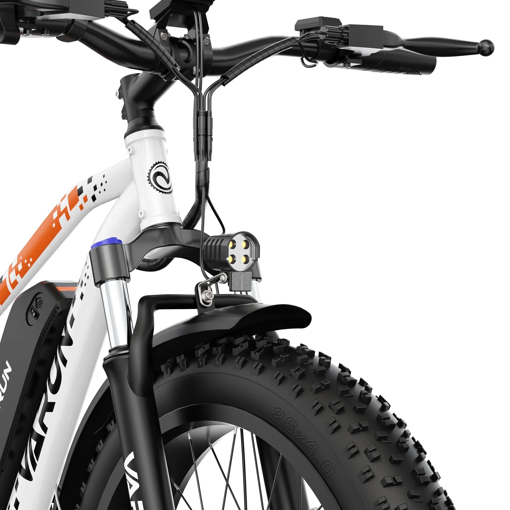 Close-up of a white and black fat tire electric bike front with LED headlights and suspension fork
