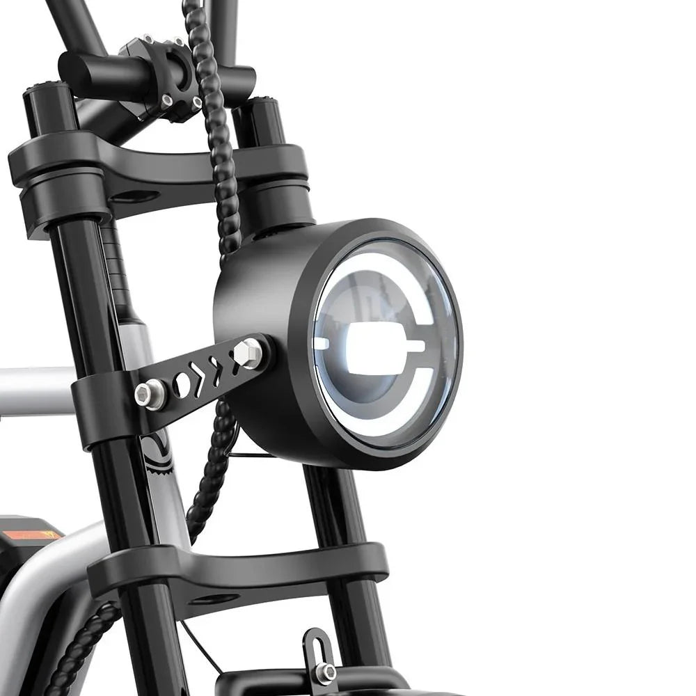 Close-up of black electric bike front LED headlight with modern design on black frame