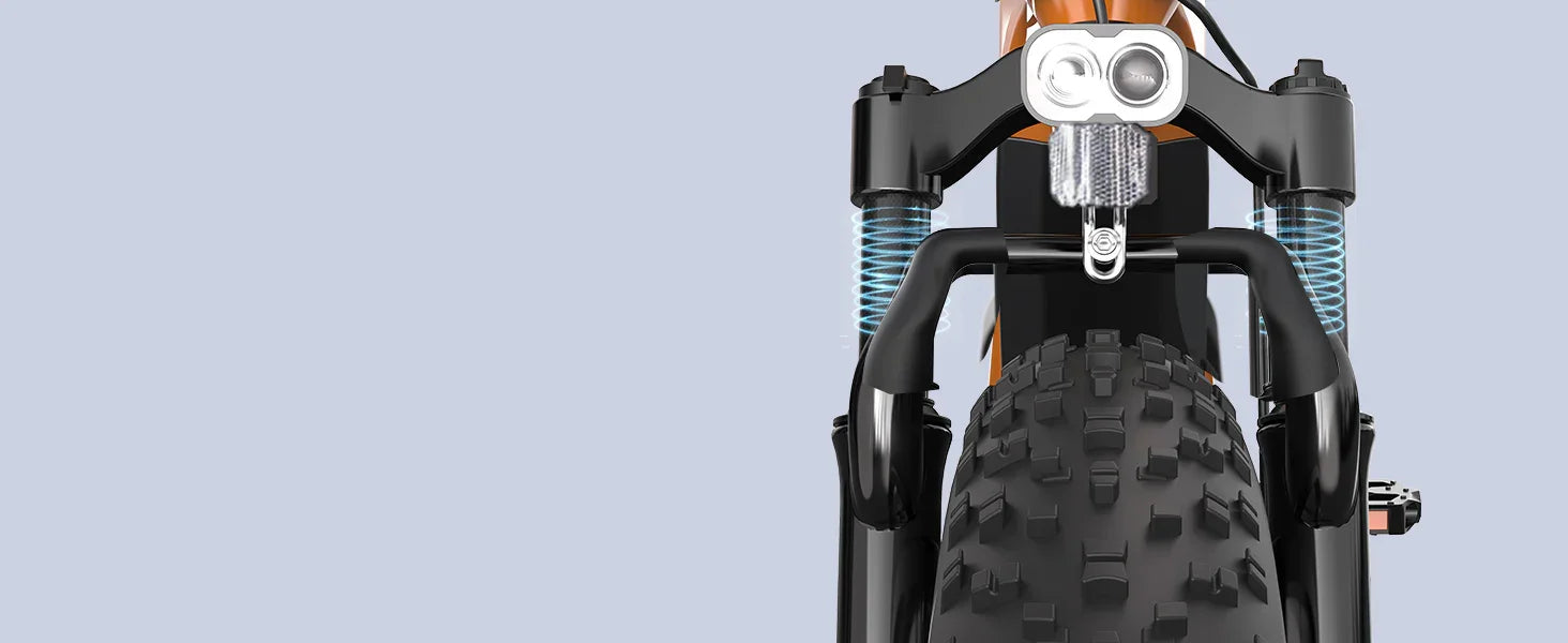 Front view of an electric mountain bike with thick knobby tire, suspension fork, and dual LED headlights