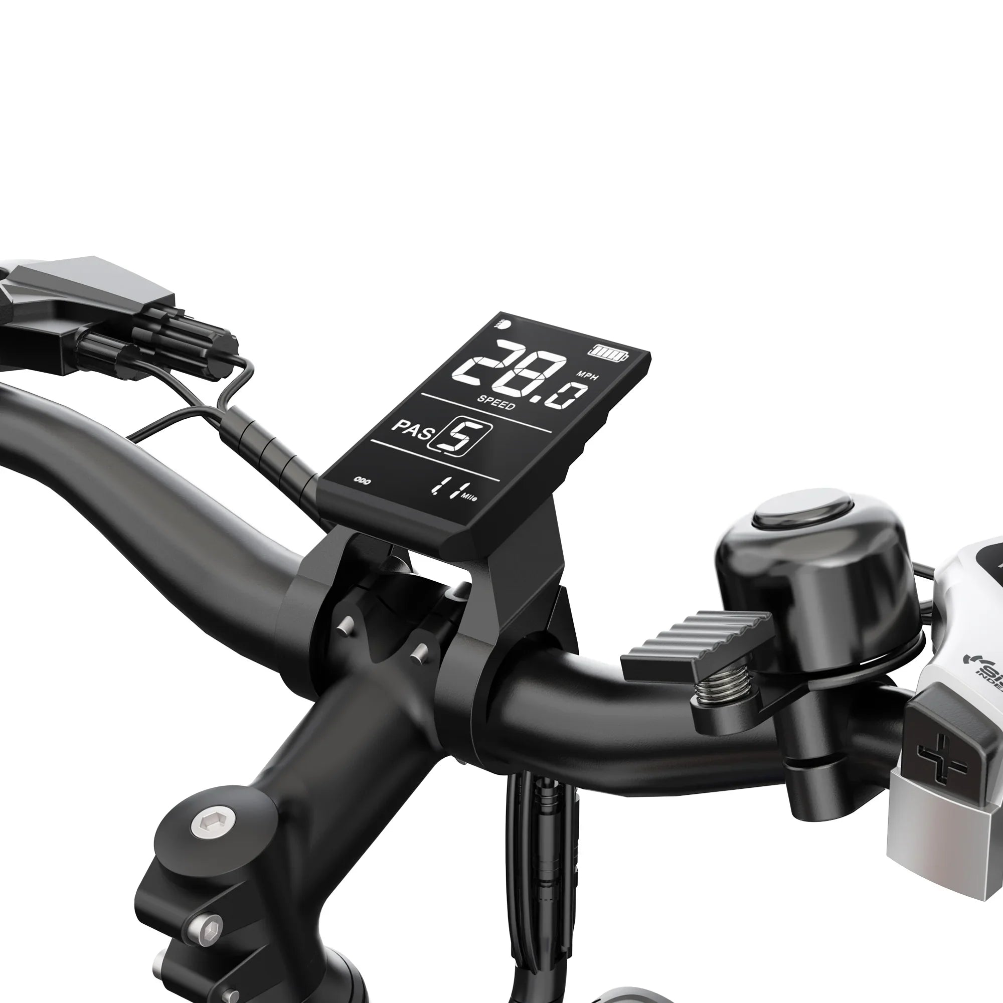 Close-up of electric bike handlebars showing digital speedometer display, bell, and control buttons