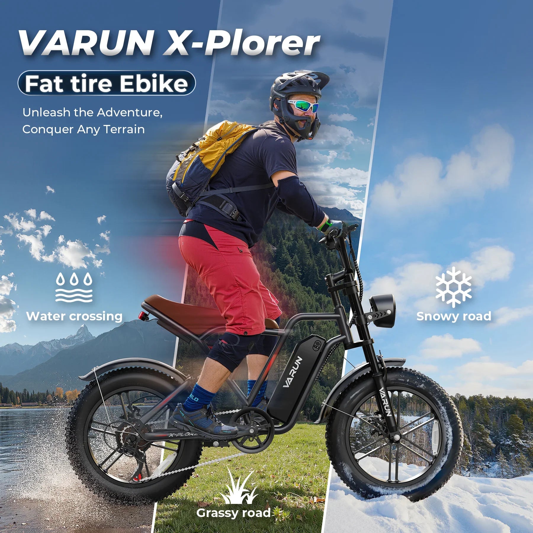 Varun X-Plorer fat tire ebike ridden by person with helmet and backpack on water, grassy, and snowy terrain