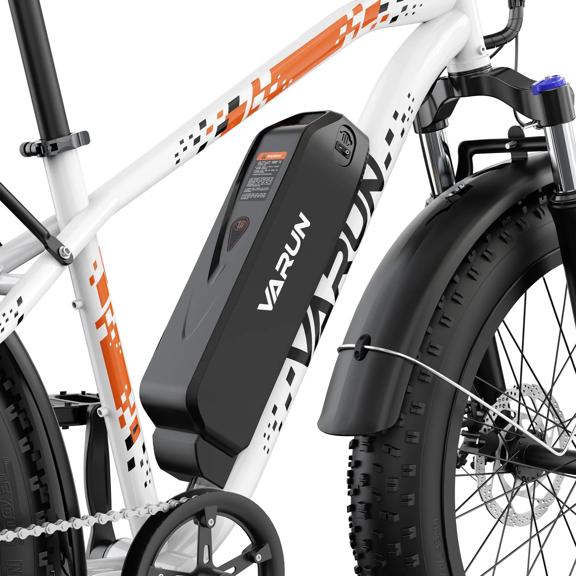 Close-up of white and orange VARUN electric bike frame with battery mounted and black front tire with fender