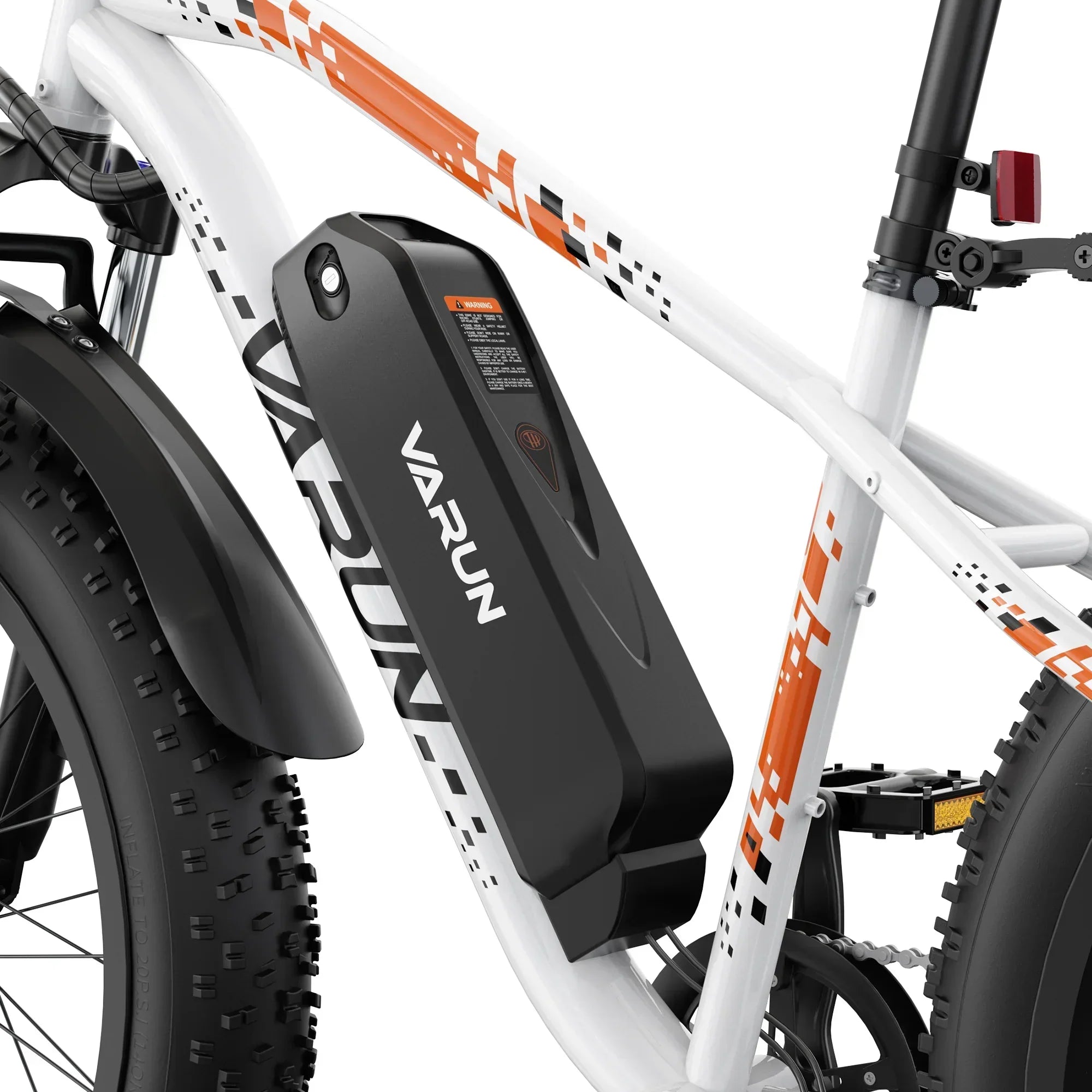 Close-up of white and orange Varun electric bike frame with black battery pack and thick tire
