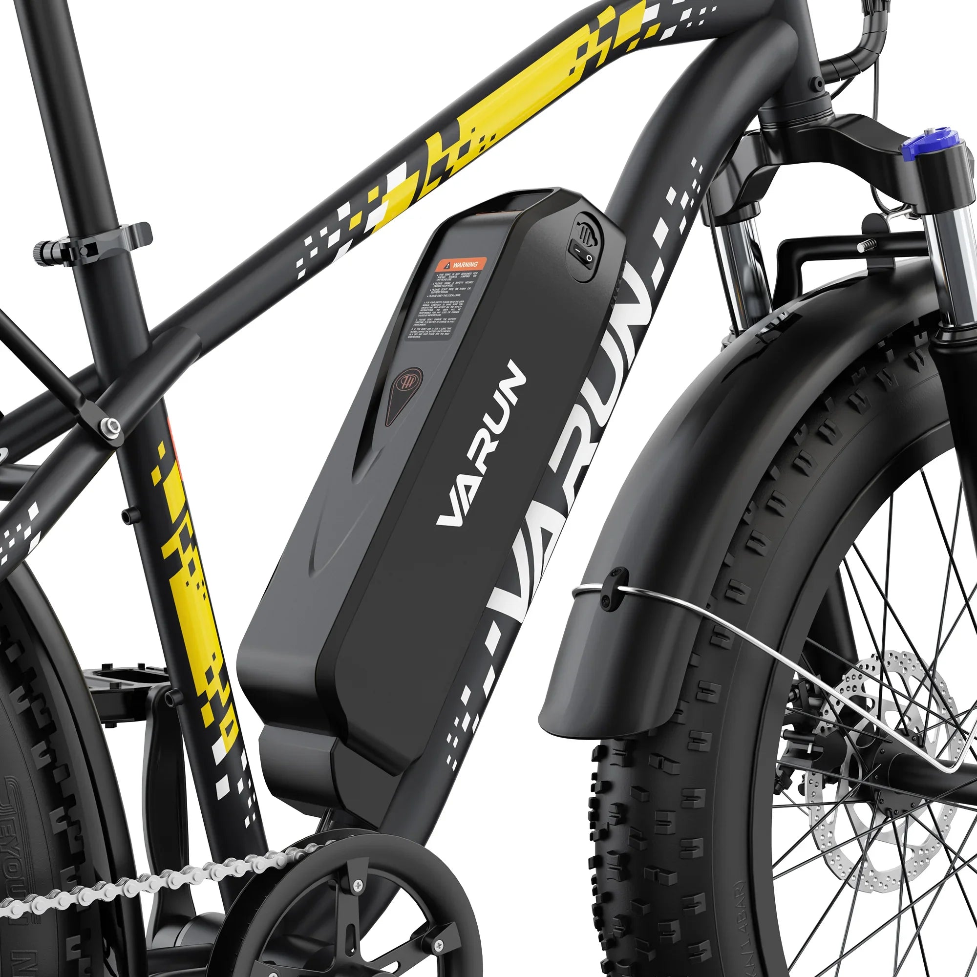 Close-up of black yellow VARUN electric bike frame with battery pack and front tire