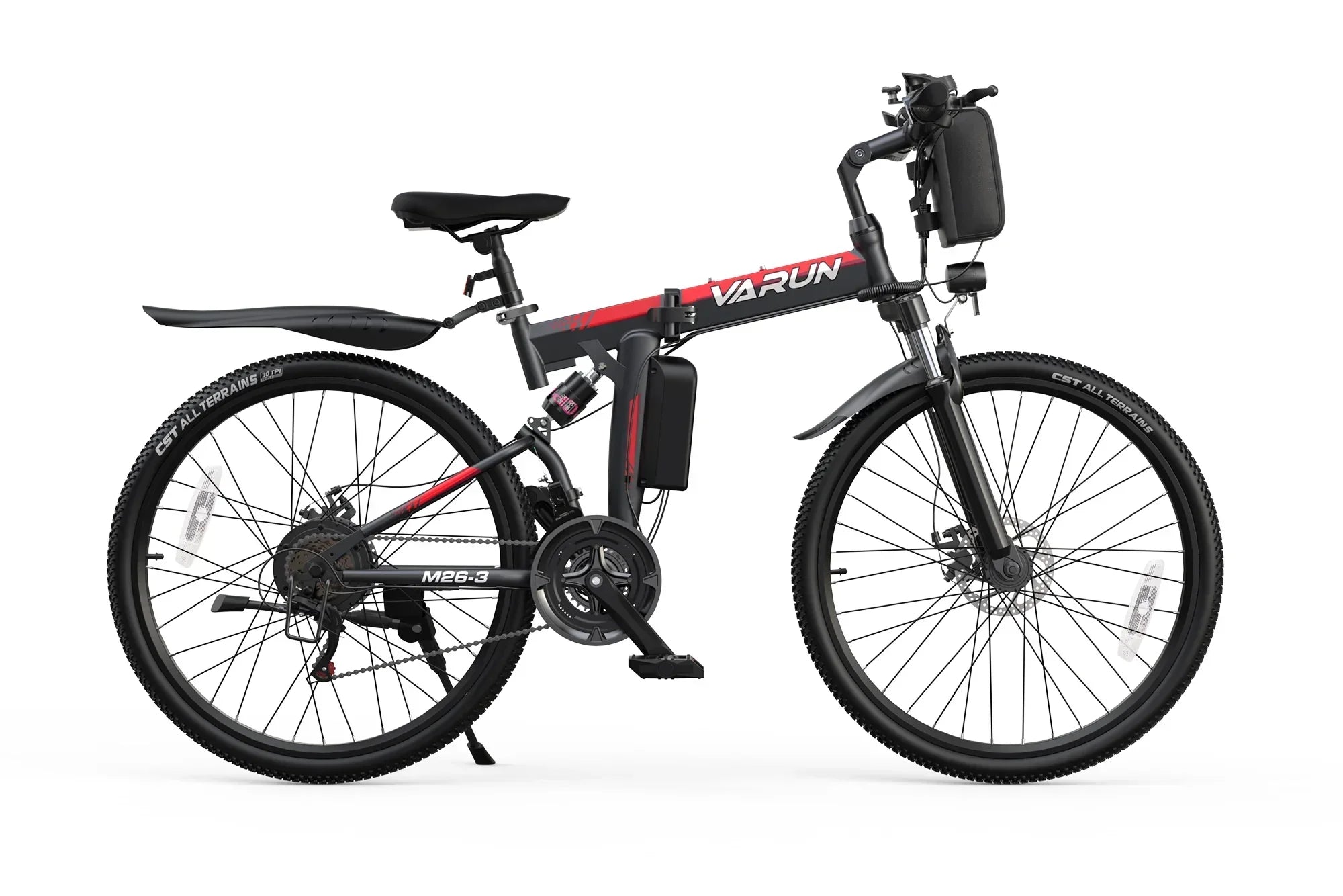 Black and red Varun M26-3 folding electric mountain bike with CST all-terrain tires and front suspension