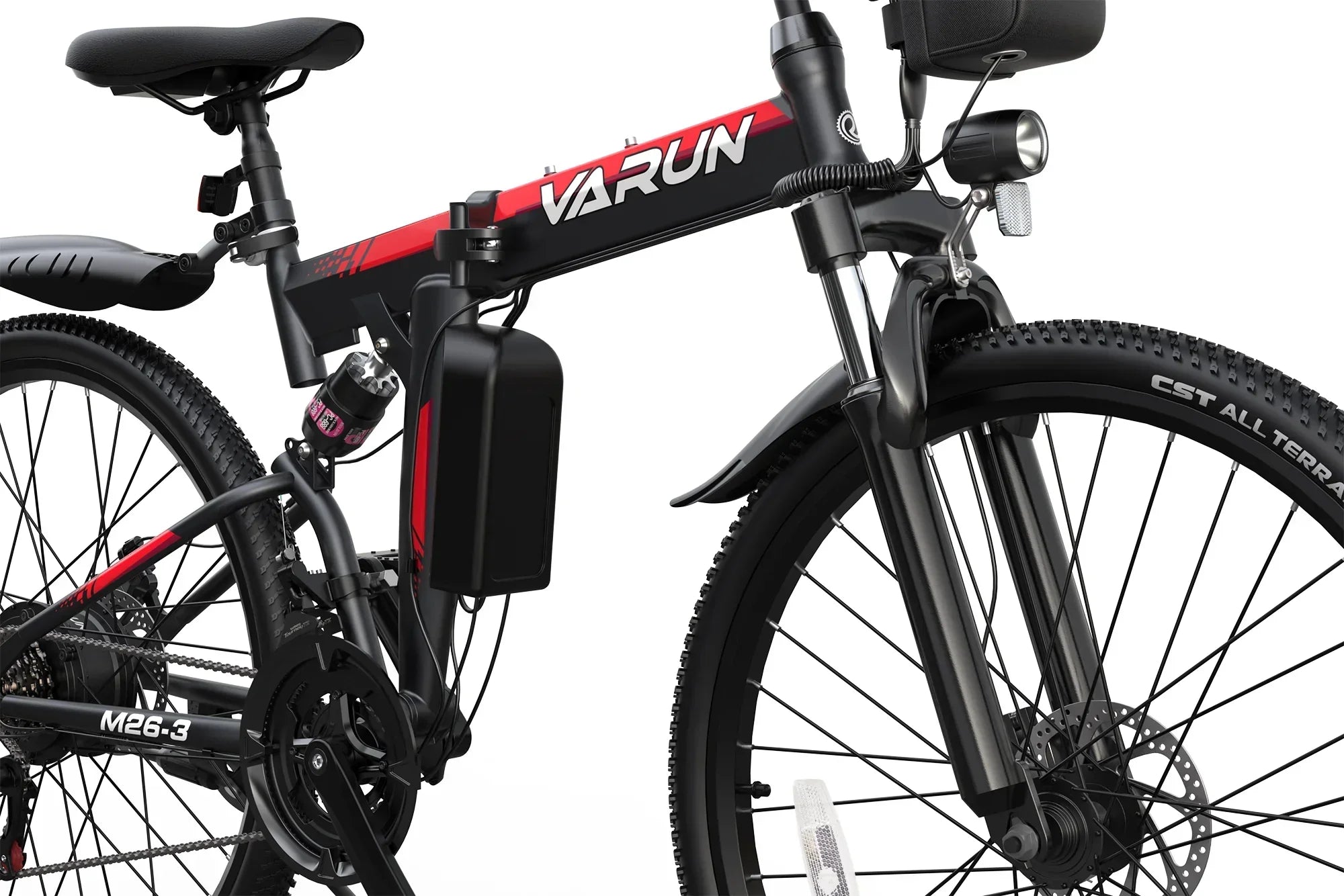 Black and red VARUN M26-3 folding electric bike with CST all terrain tires and front light