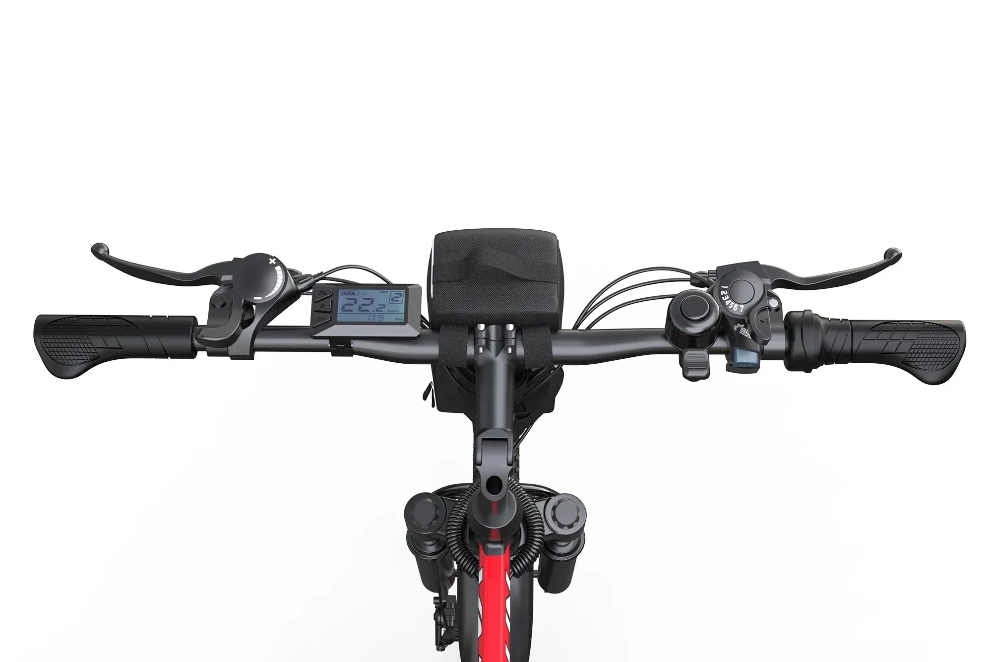 Black and red folding electric bike handlebar with LCD display, gear shifter, and brake levers