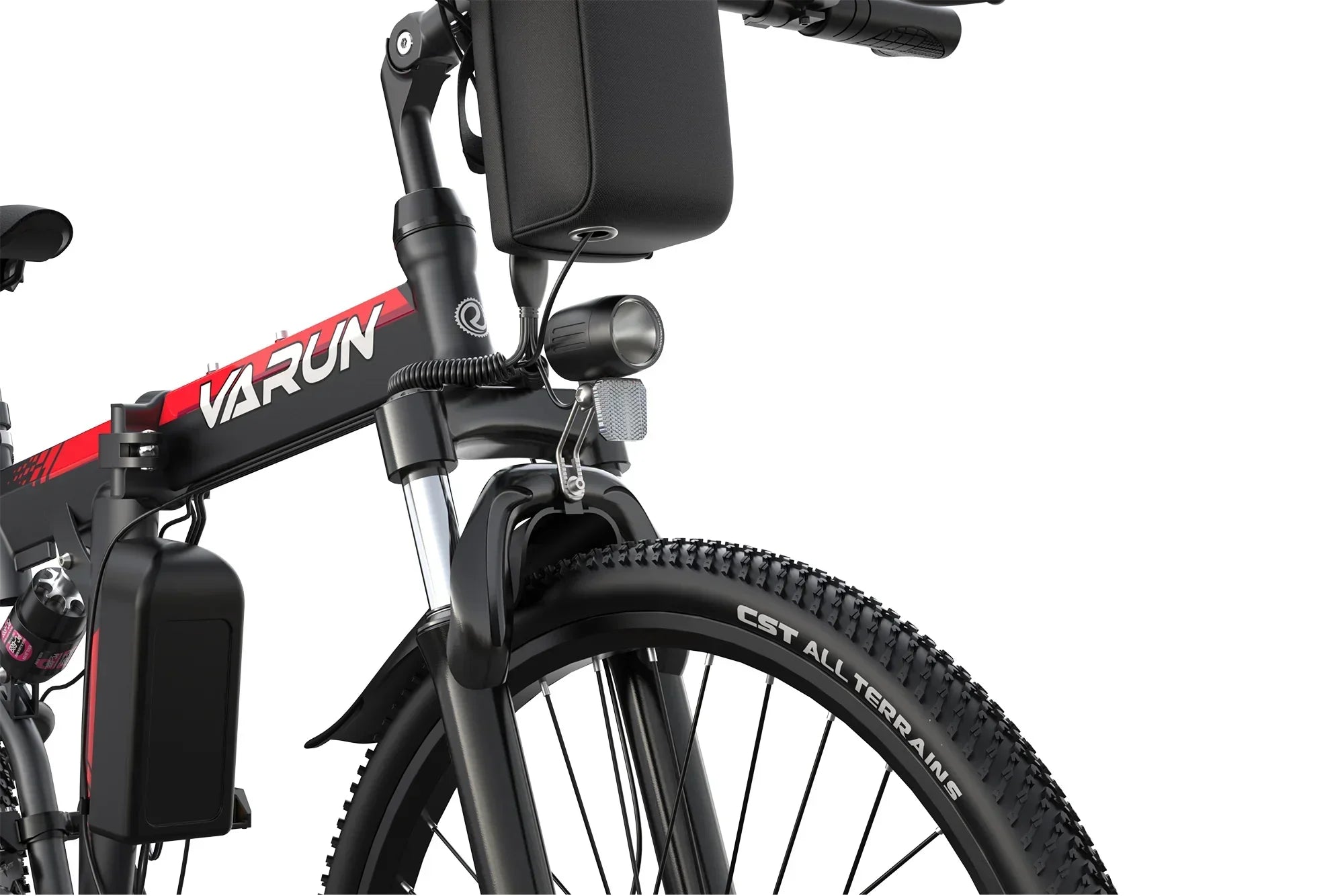 Close-up of black and red VARUN folding electric bike front with CST all terrain tire and headlight