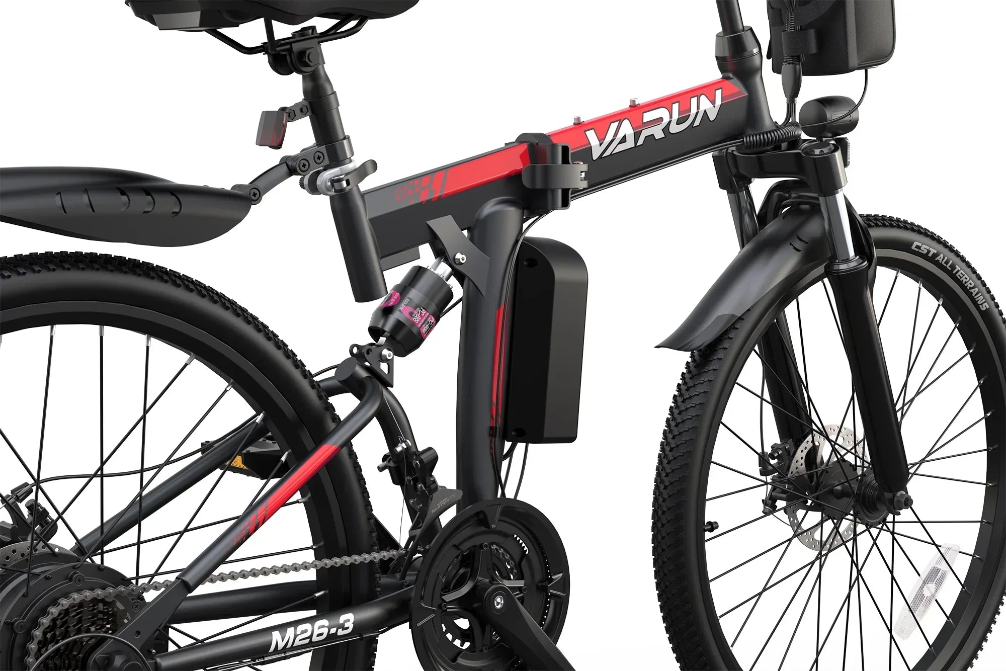 Black and red VARUN M26-3 folding electric bike with suspension and all-terrain tires