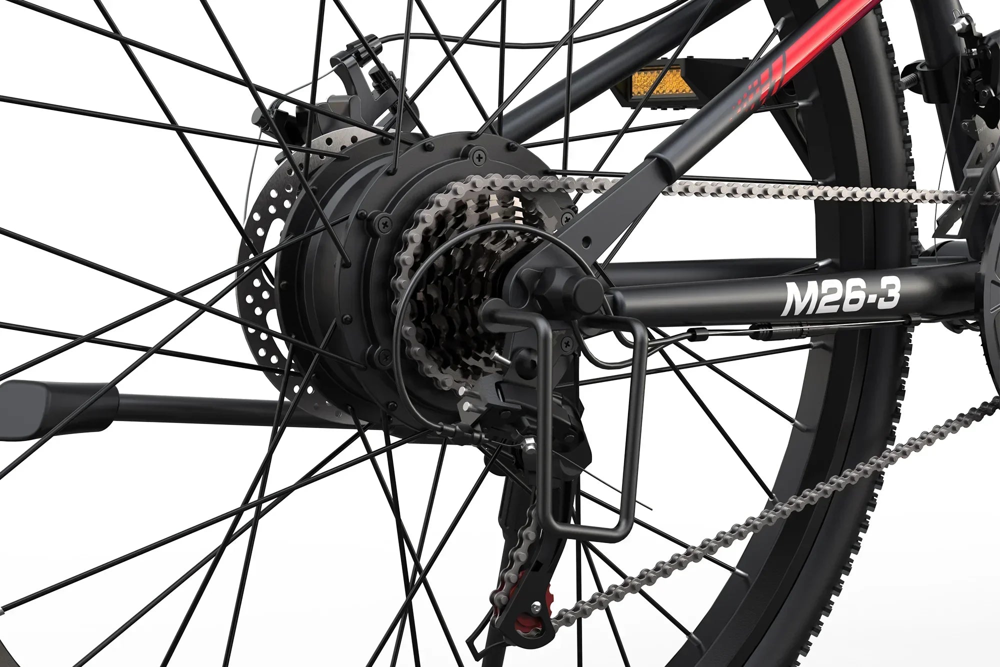 Close-up of black and red M26-3 folding e-bike rear wheel and gear mechanism on white background