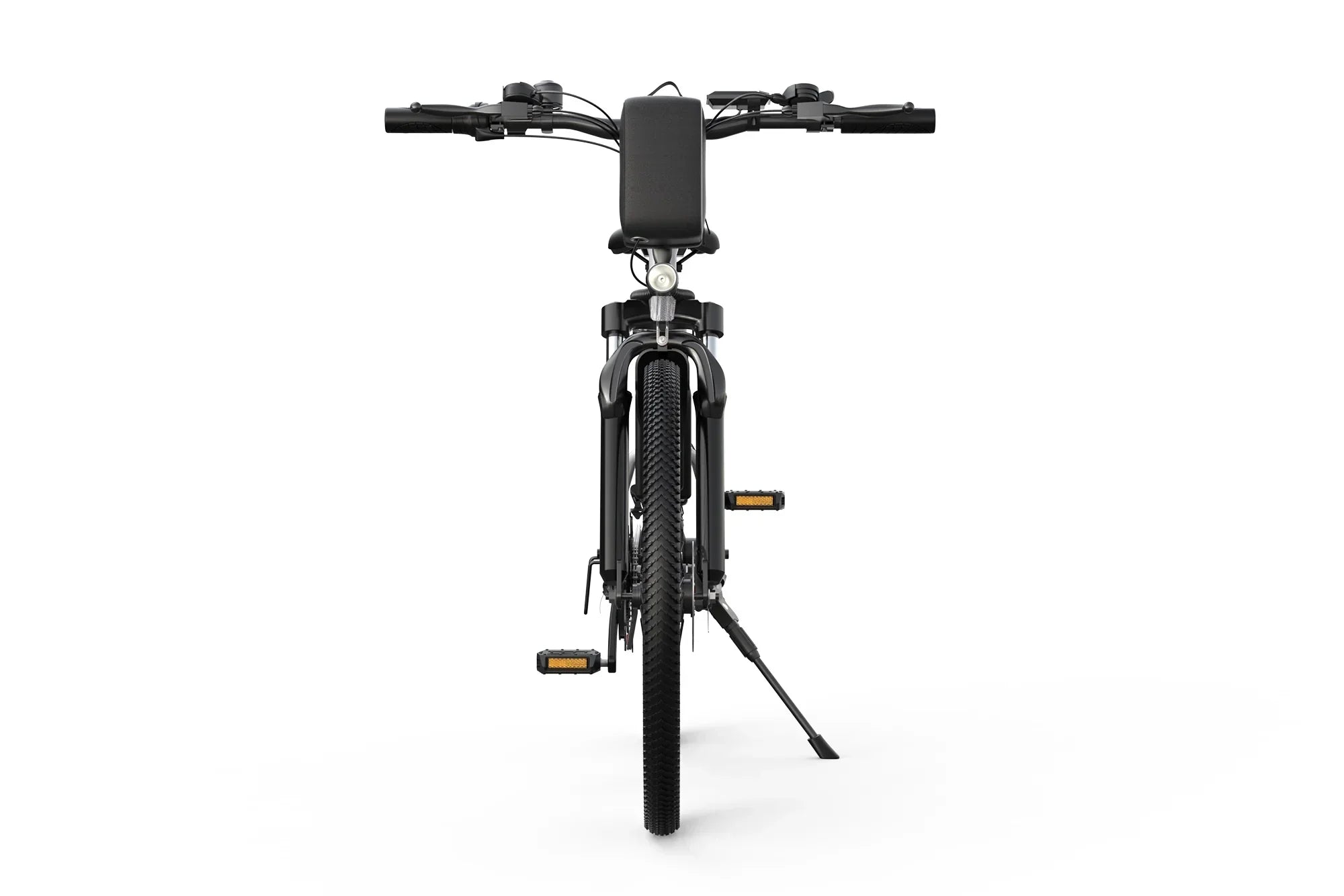 front view of black folding electric bike with thick tire, pedals, and kickstand on white background