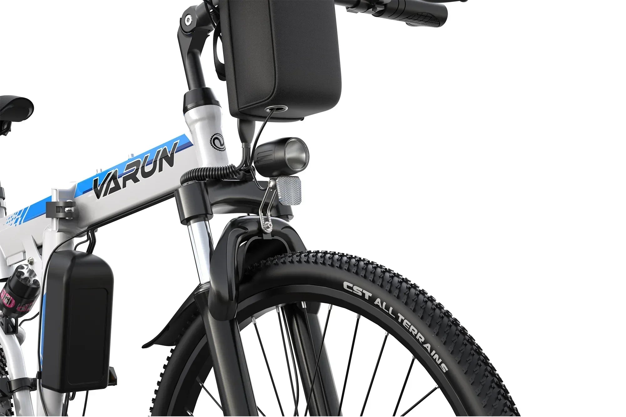 White and blue VARUN folding electric bike front with CST all terrain tire, headlight, and black battery pack