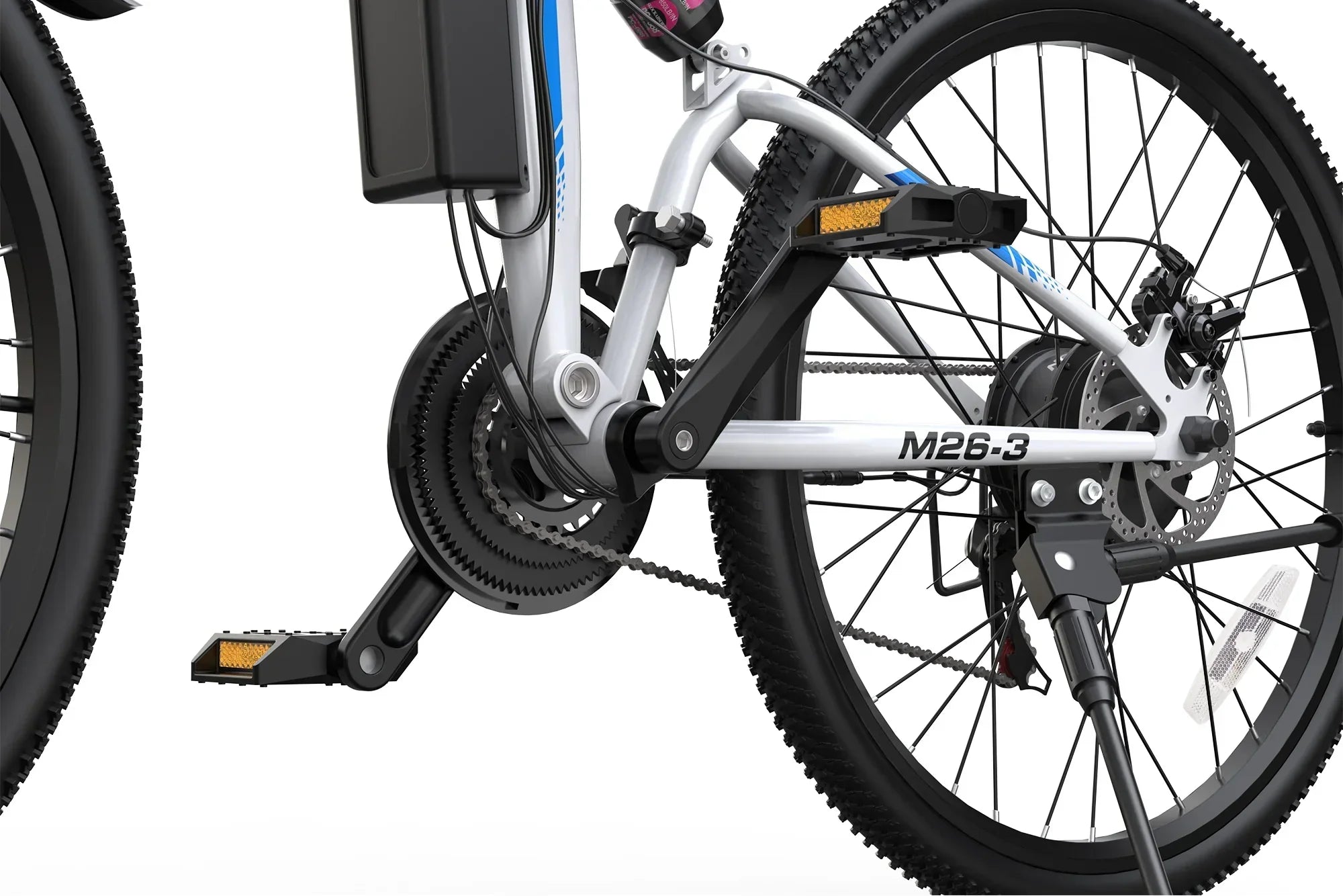Close-up of white and blue Varun M26-3 folding electric bike rear wheel, motor, and pedals