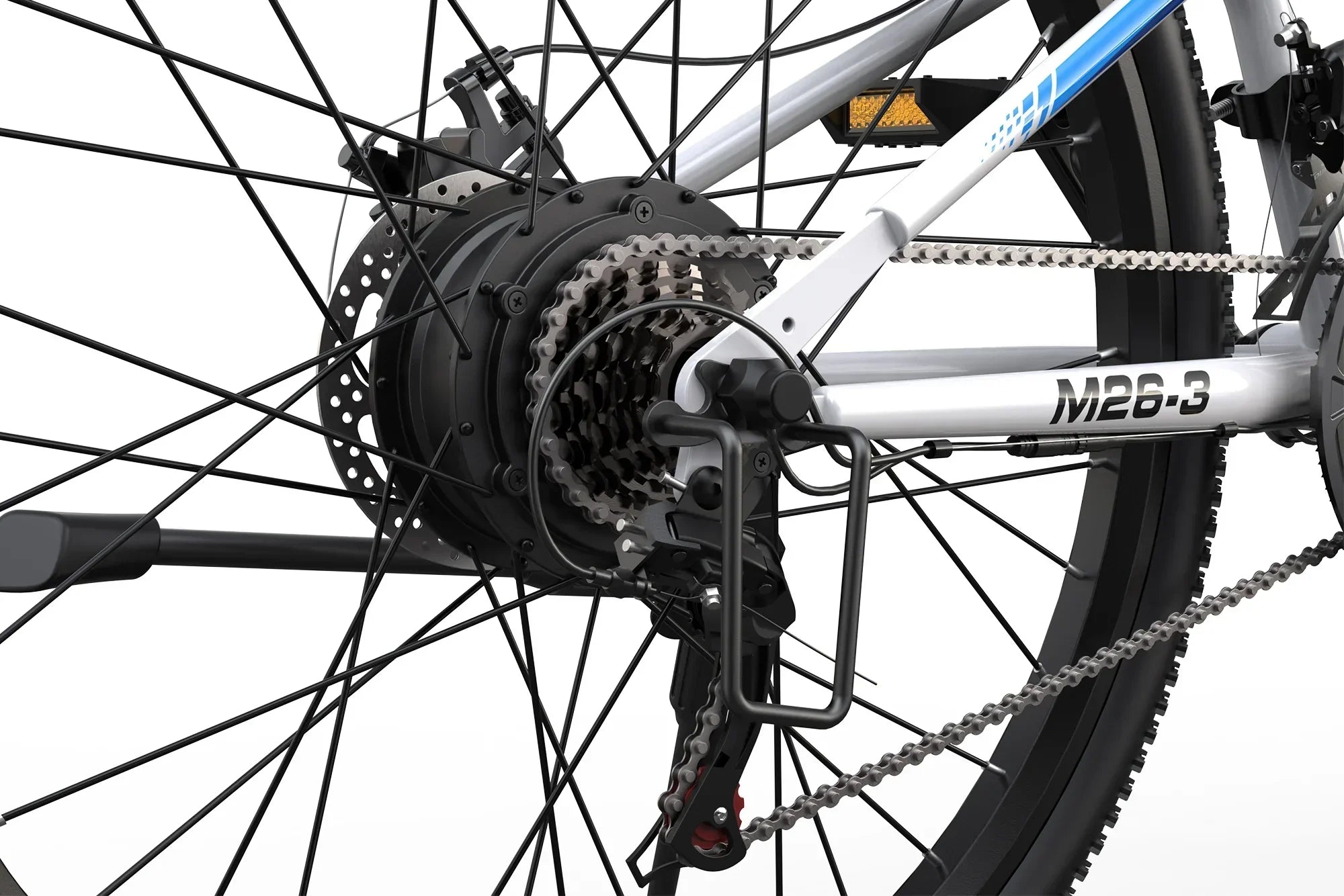 Close-up of white and blue M26-3 folding electric bike rear wheel with motor hub and gear cassette