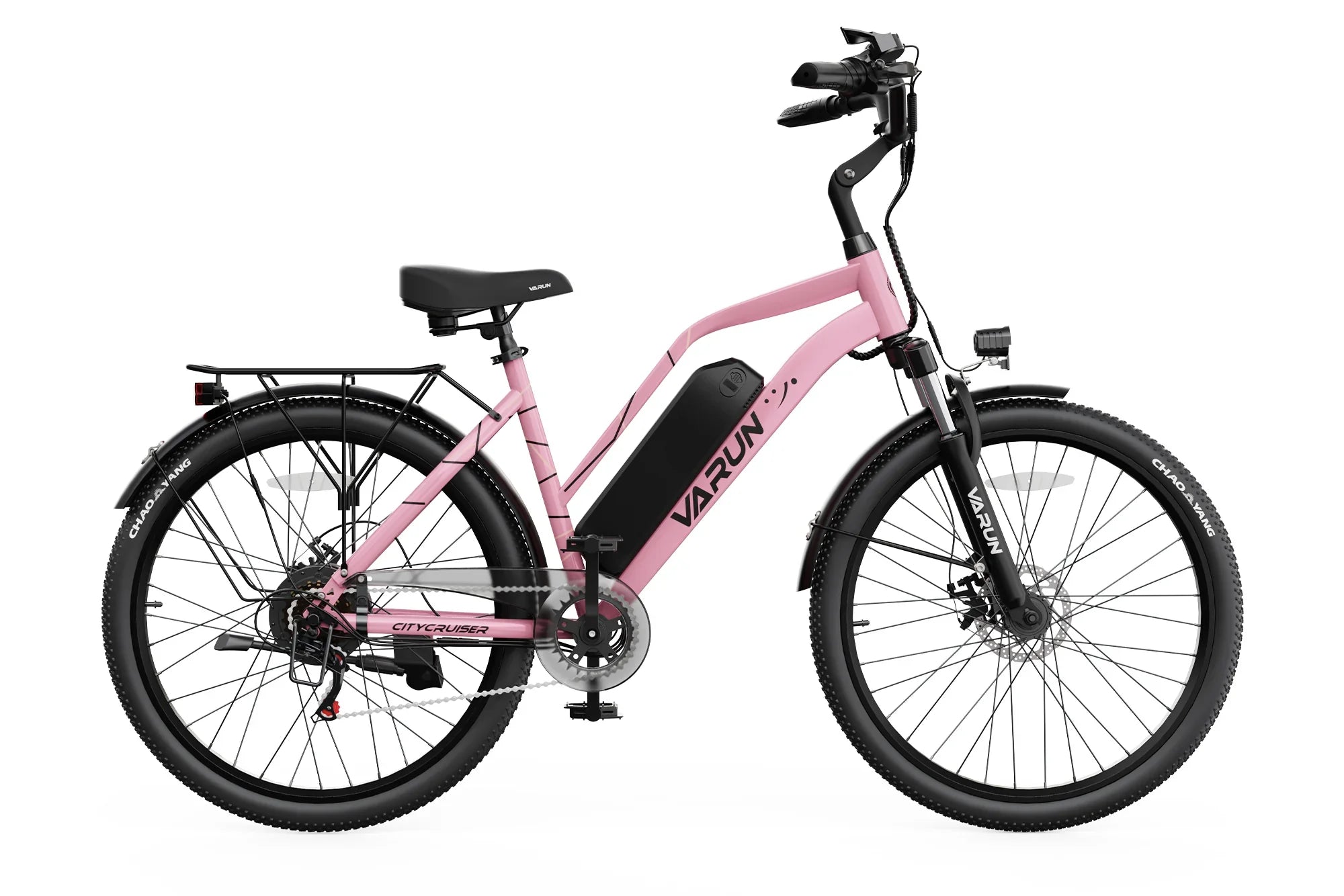 Pink Varun Citycruiser electric commuter bike with black battery, fenders, and rear rack on white background