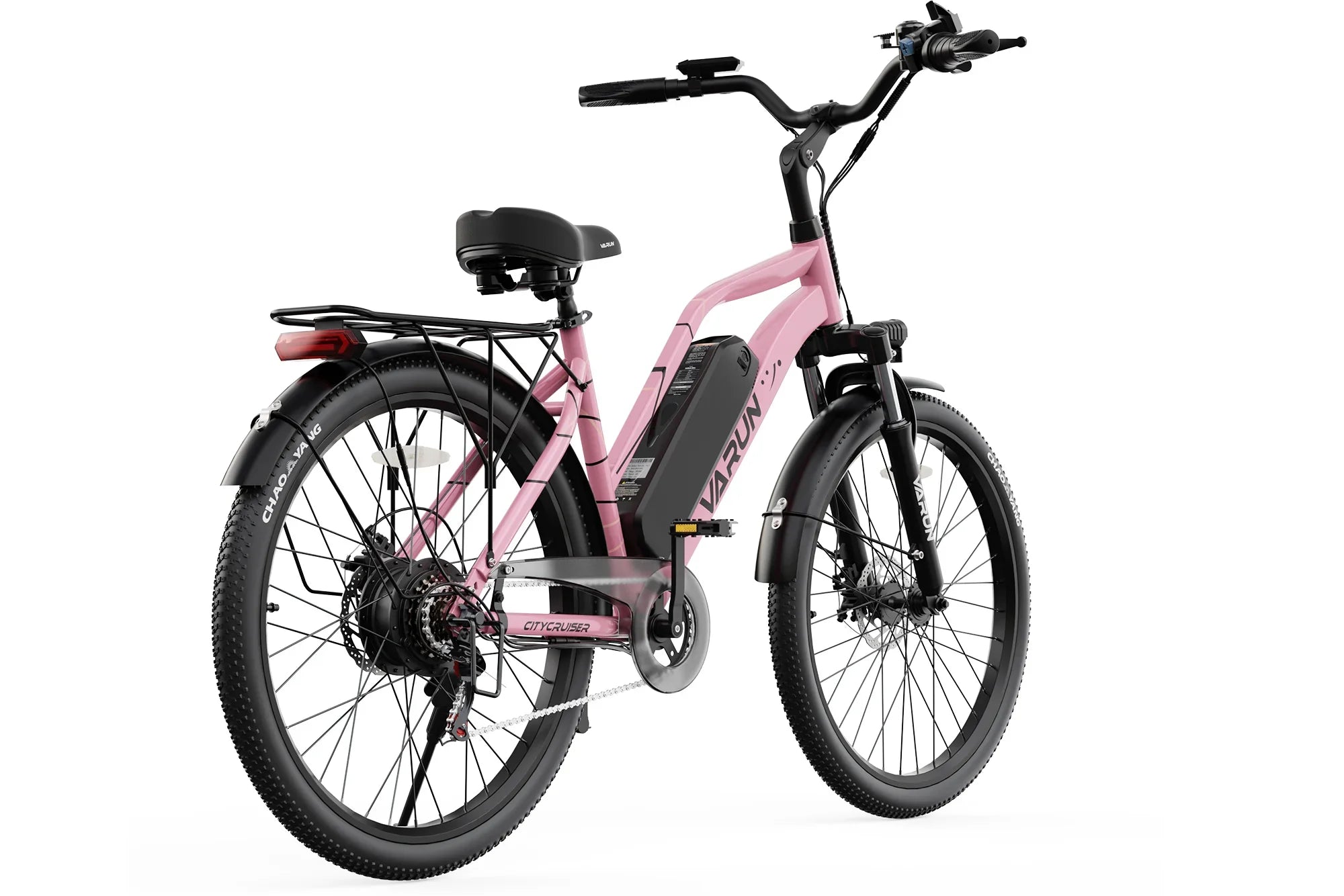 Pink Varun CityCruiser electric commuter bike with black fenders and rear cargo rack