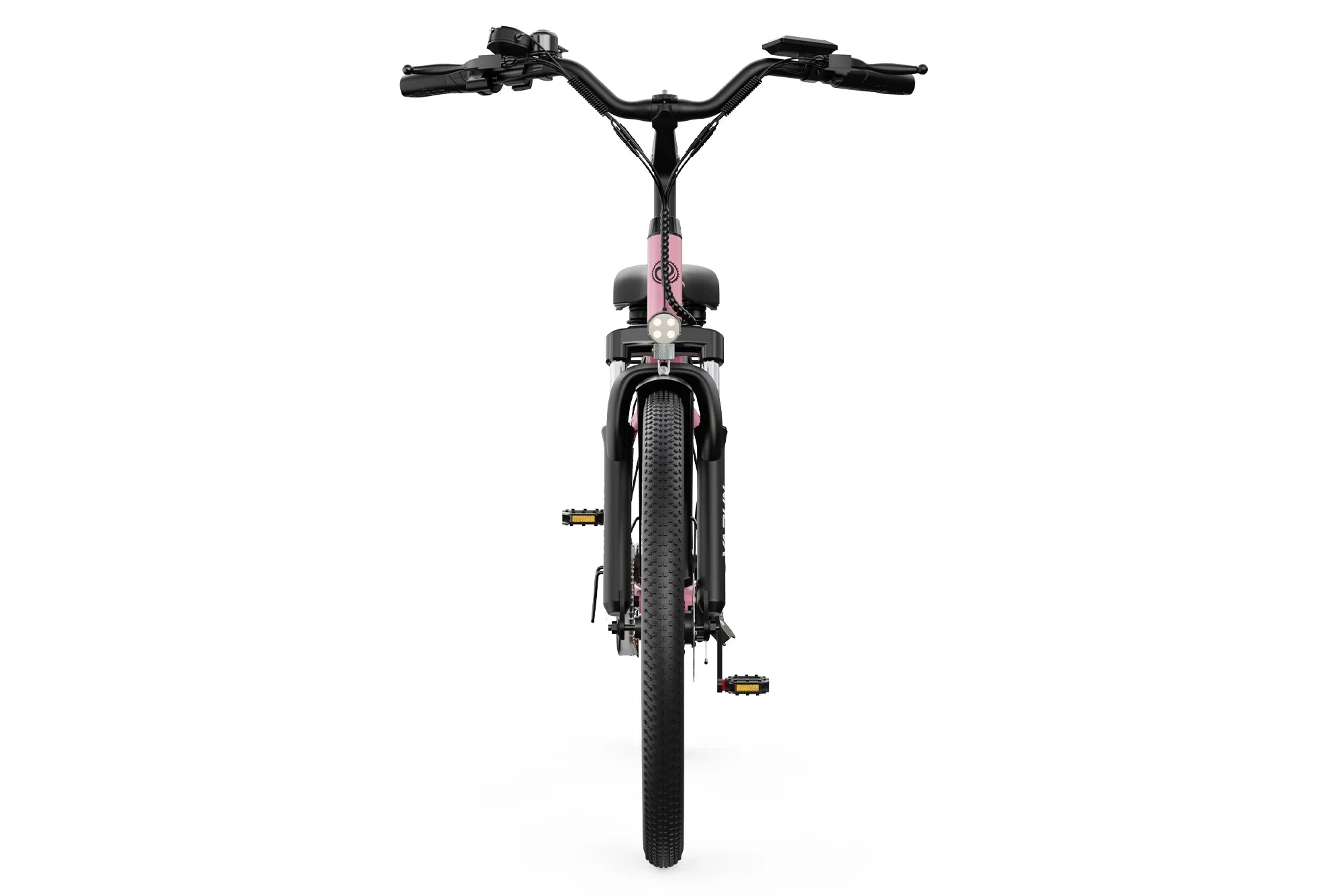 Front view of pink commuter e-bike with black handlebars and thick tires on white background