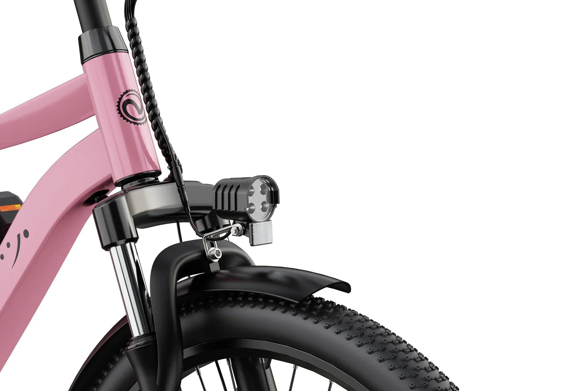 Close-up of pink commuter e-bike front suspension fork, large knobby tire, and LED headlight with black fender