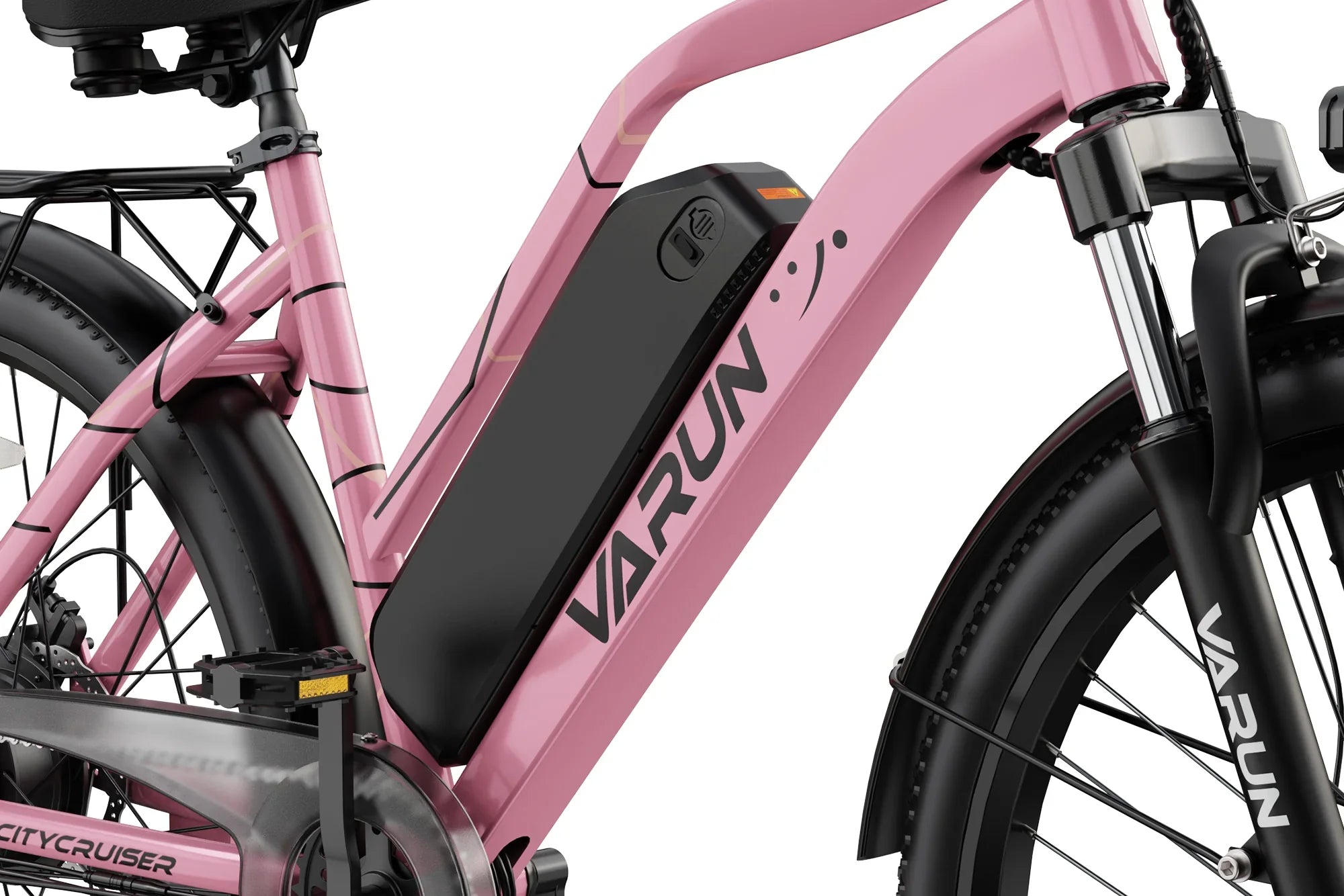Close-up of pink VARUN electric commuter bike frame with black battery and front suspension fork