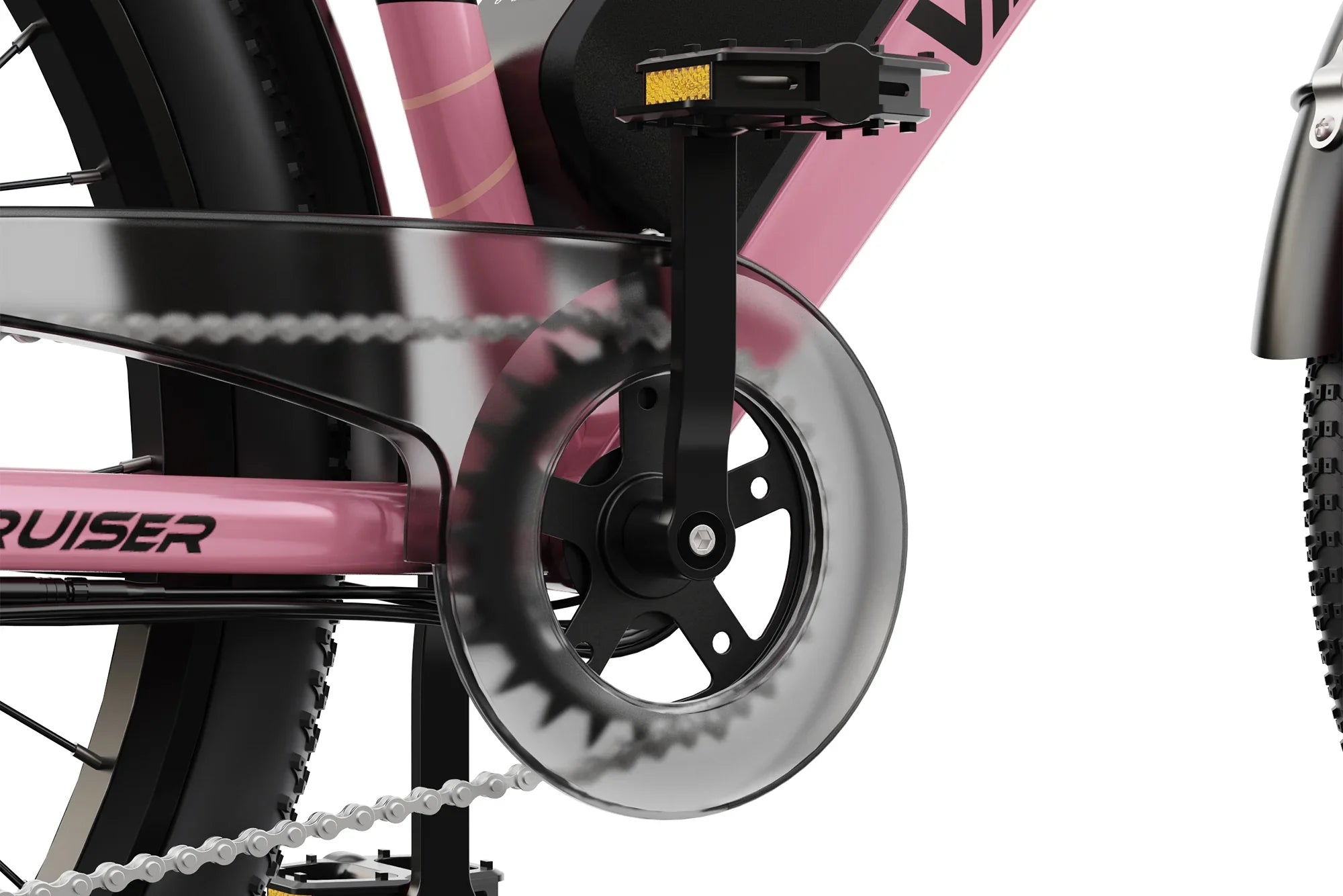 Close-up of pink cruiser bike pedal with black crank arm and transparent chain guard