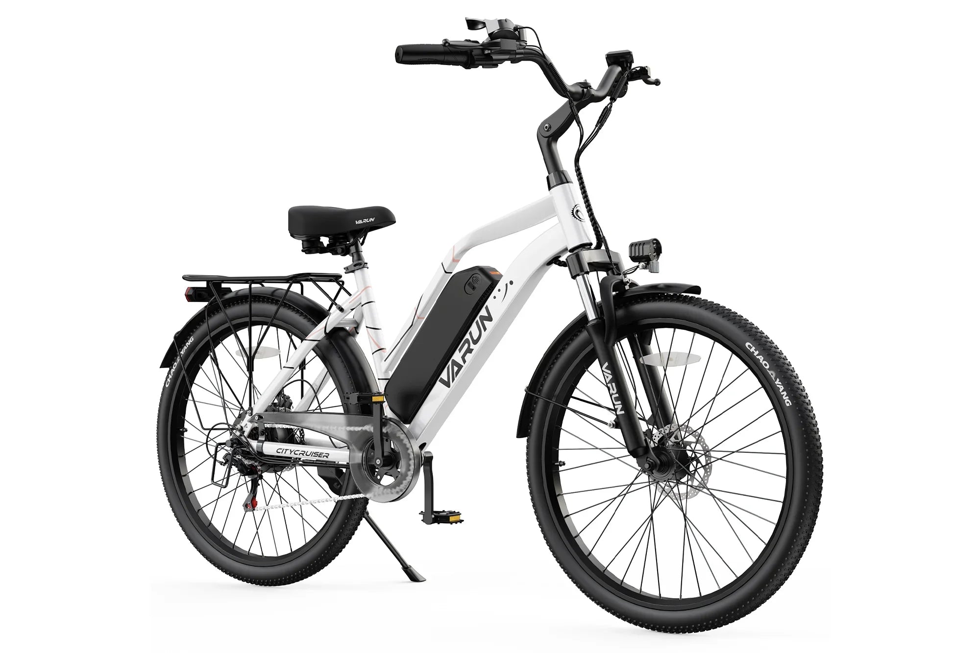 White VARUN commuter e-bike with black saddle, front suspension, and rear cargo rack