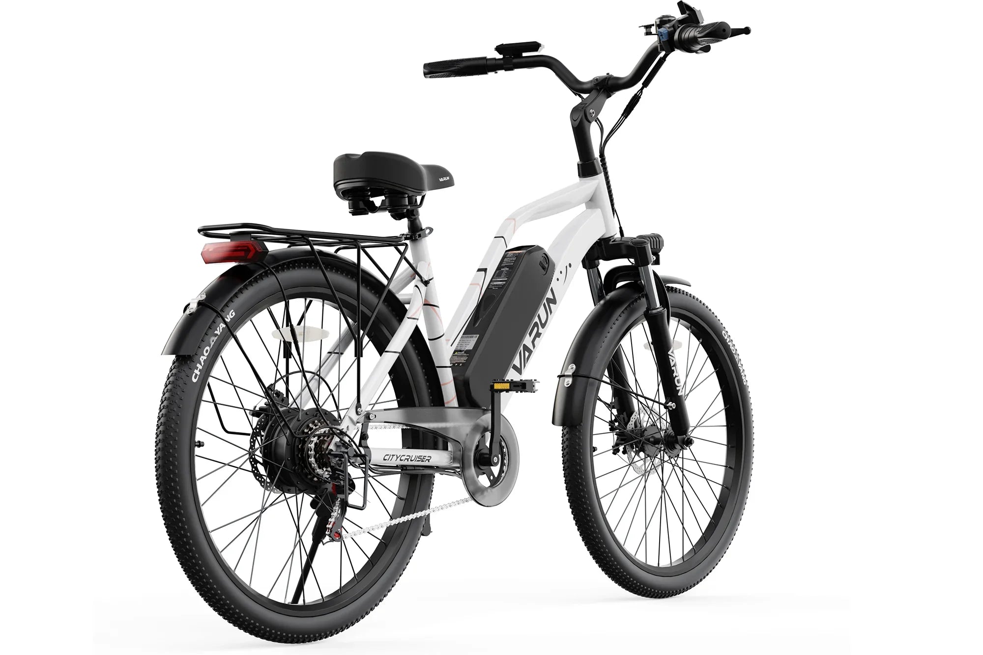 White VARUN CityCruiser electric commuter bike with black fenders and rear rack on white background