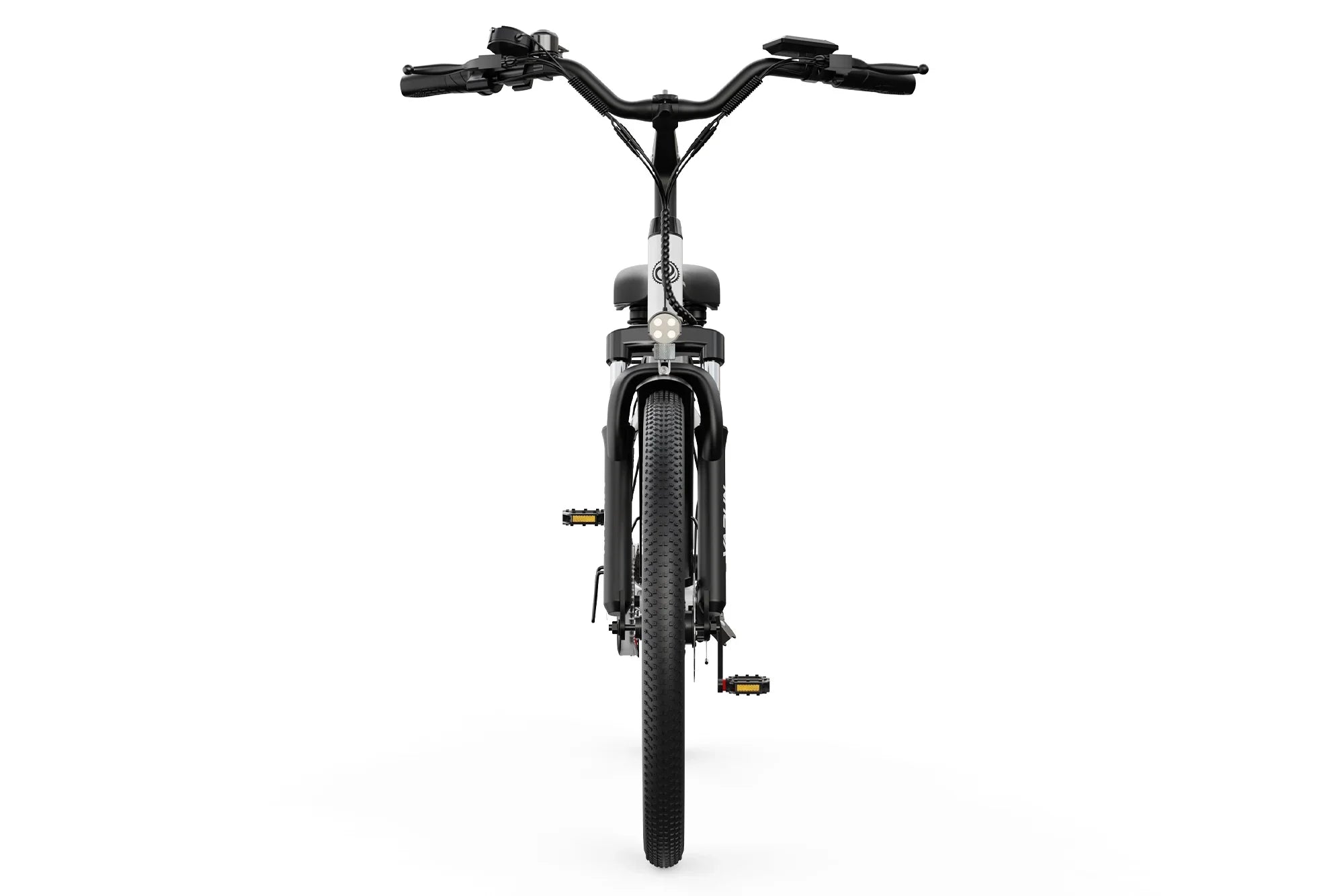 Front view of a black and white commuter electric bike with wide handlebars and treaded tire on white background