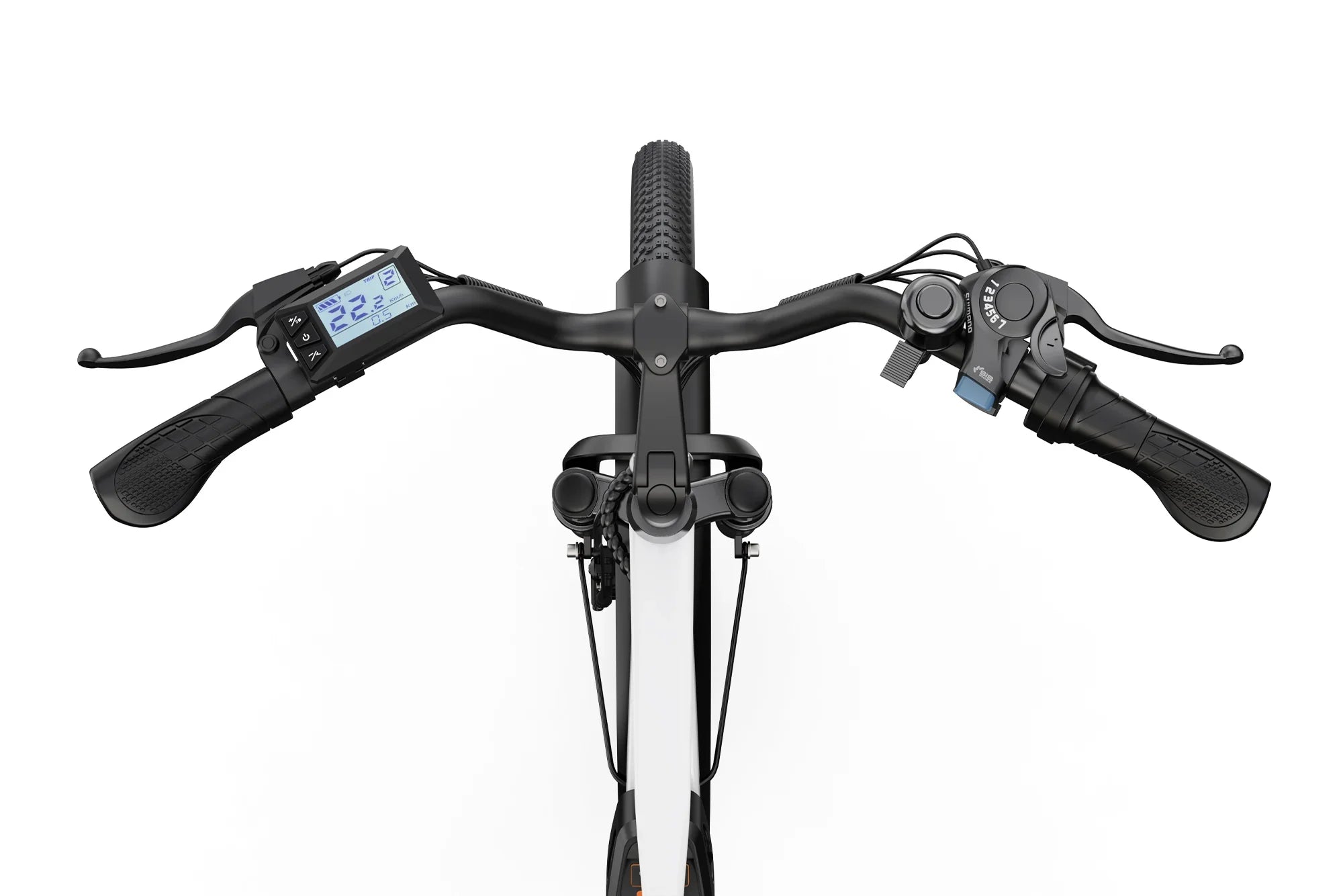 Top view of commuter e-bike handlebar with digital display and ergonomic grips on white background
