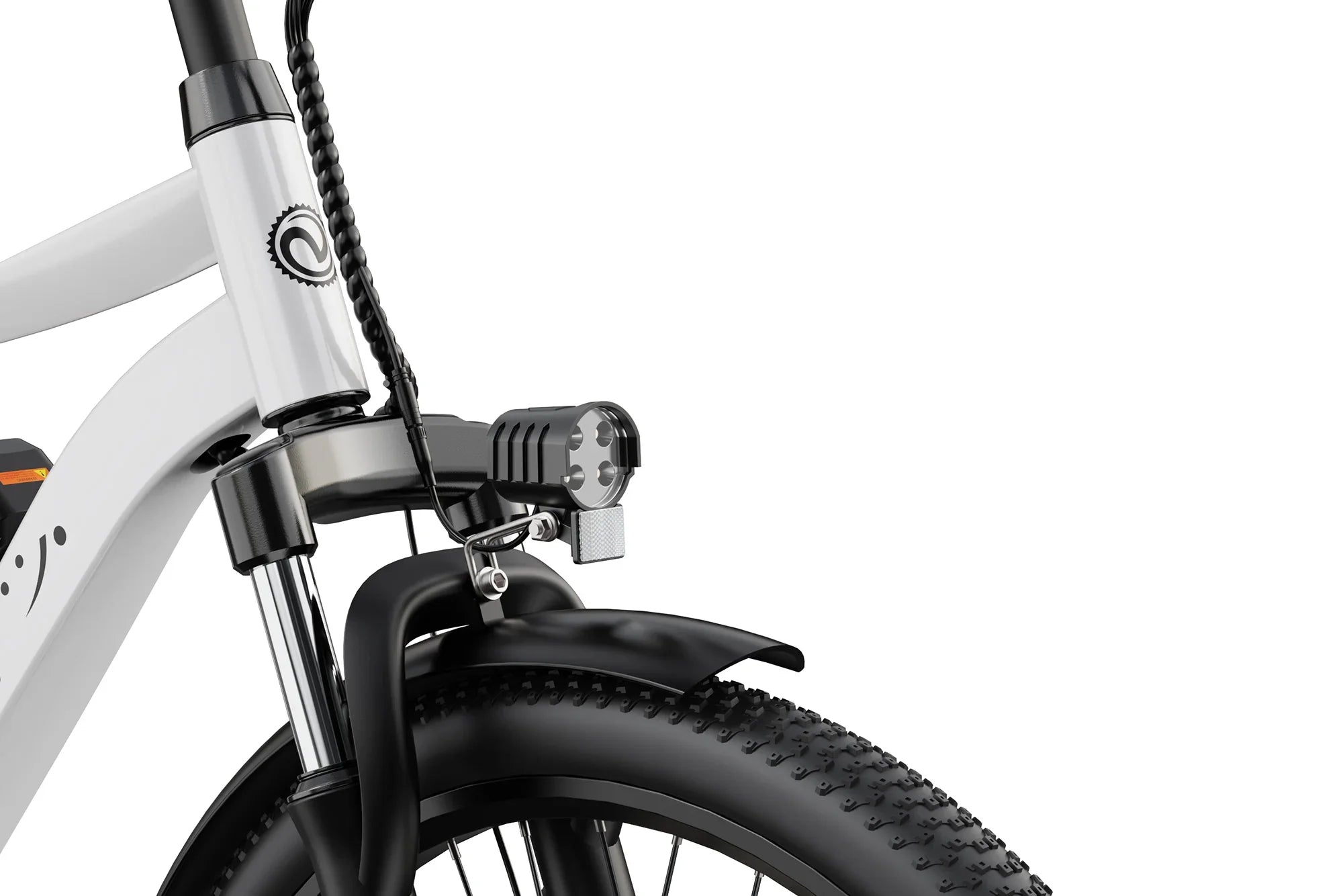 Close-up of white electric commuter bike front fork with black suspension, LED headlight, and knobby tire