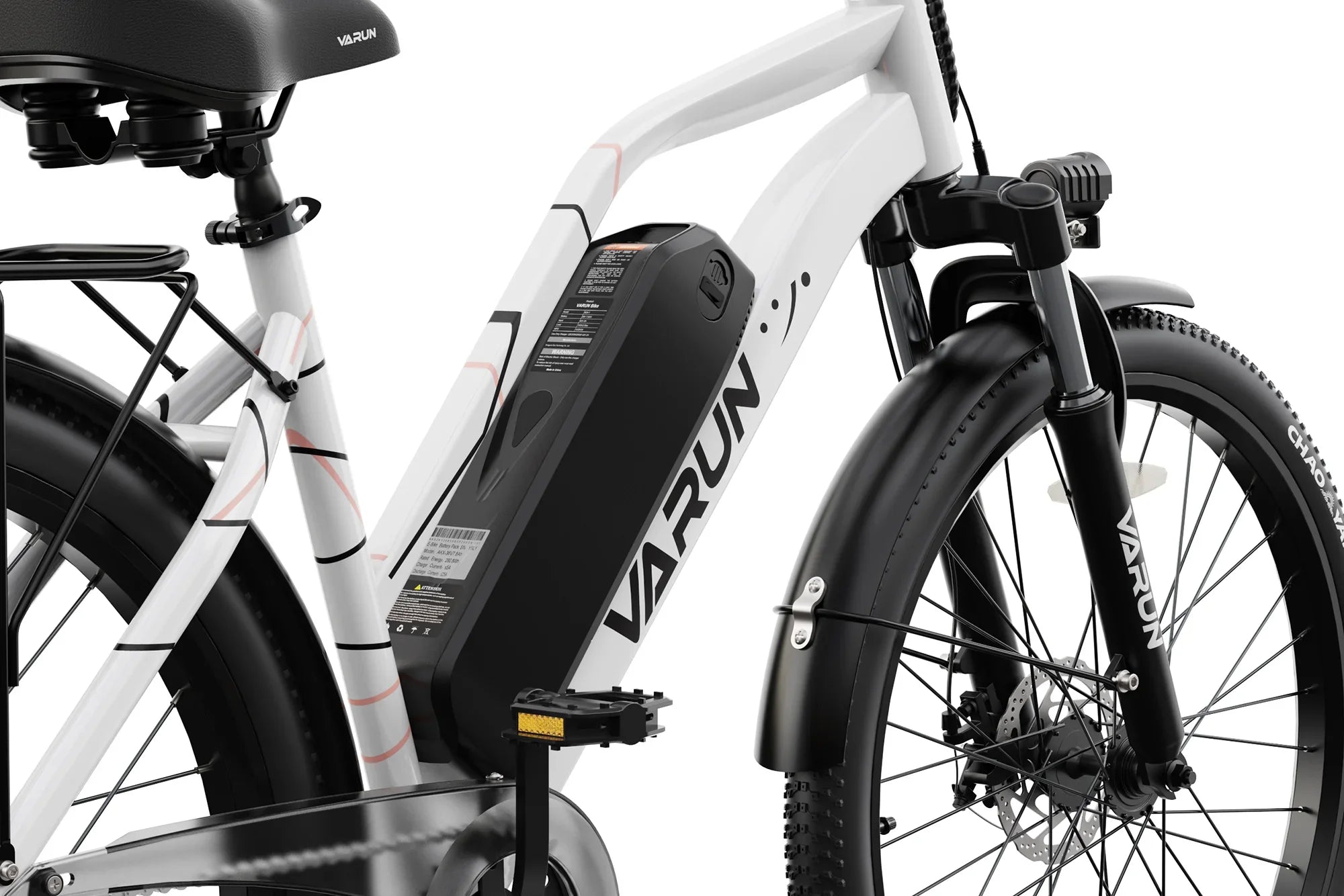 Close-up of VARUN white commuter electric bike frame with battery, front suspension, and black fenders