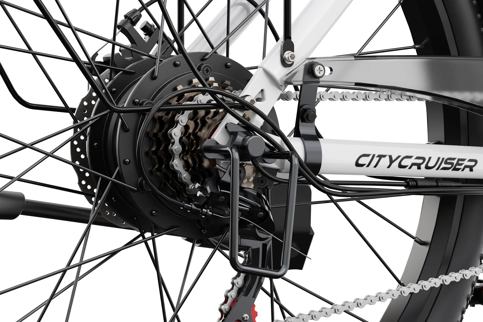 Close-up of Citycruiser electric bike rear wheel, showing gears, chain, disc brake, and frame detail