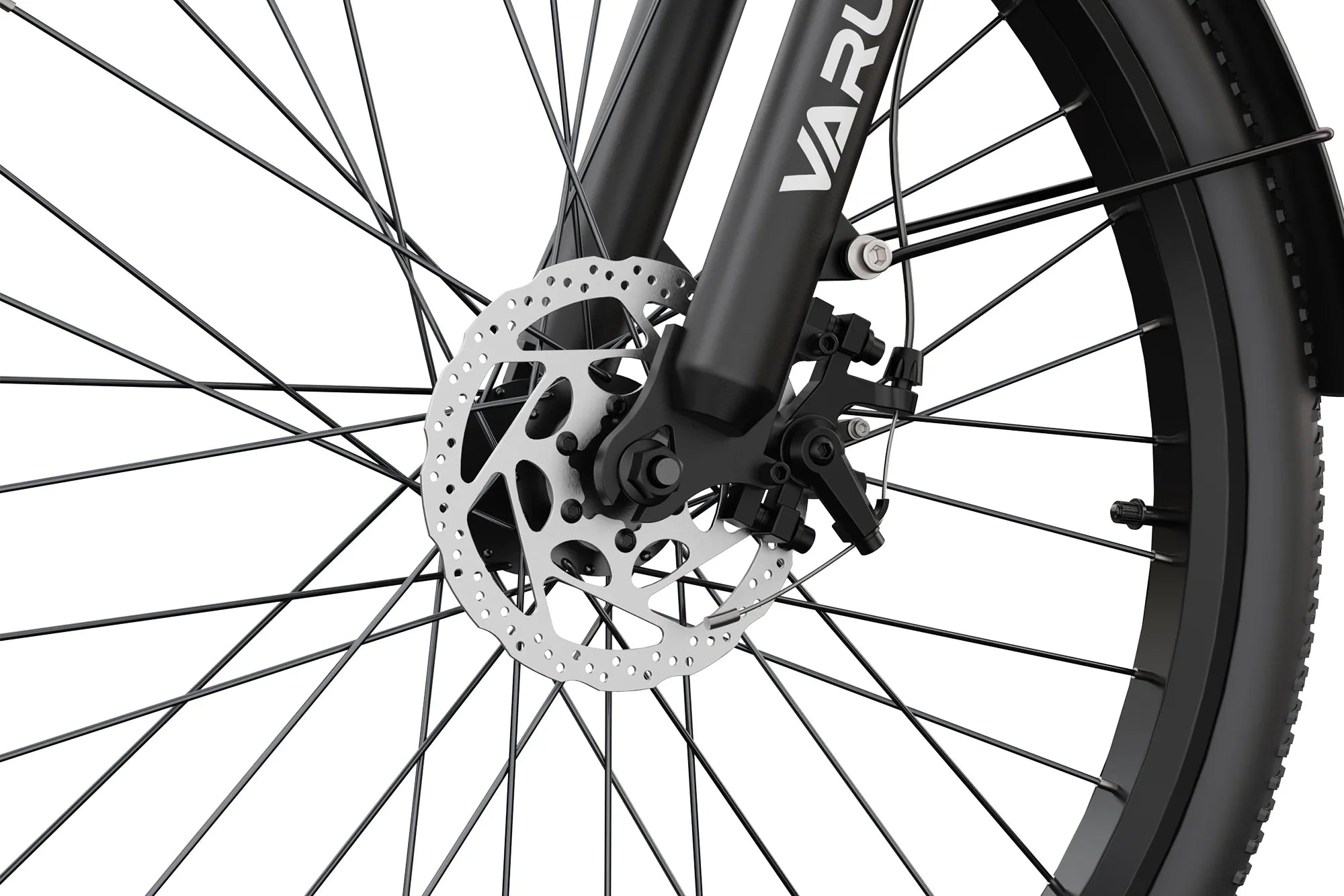 Close-up of a black VARUN e-bike front wheel featuring disc brake and spokes