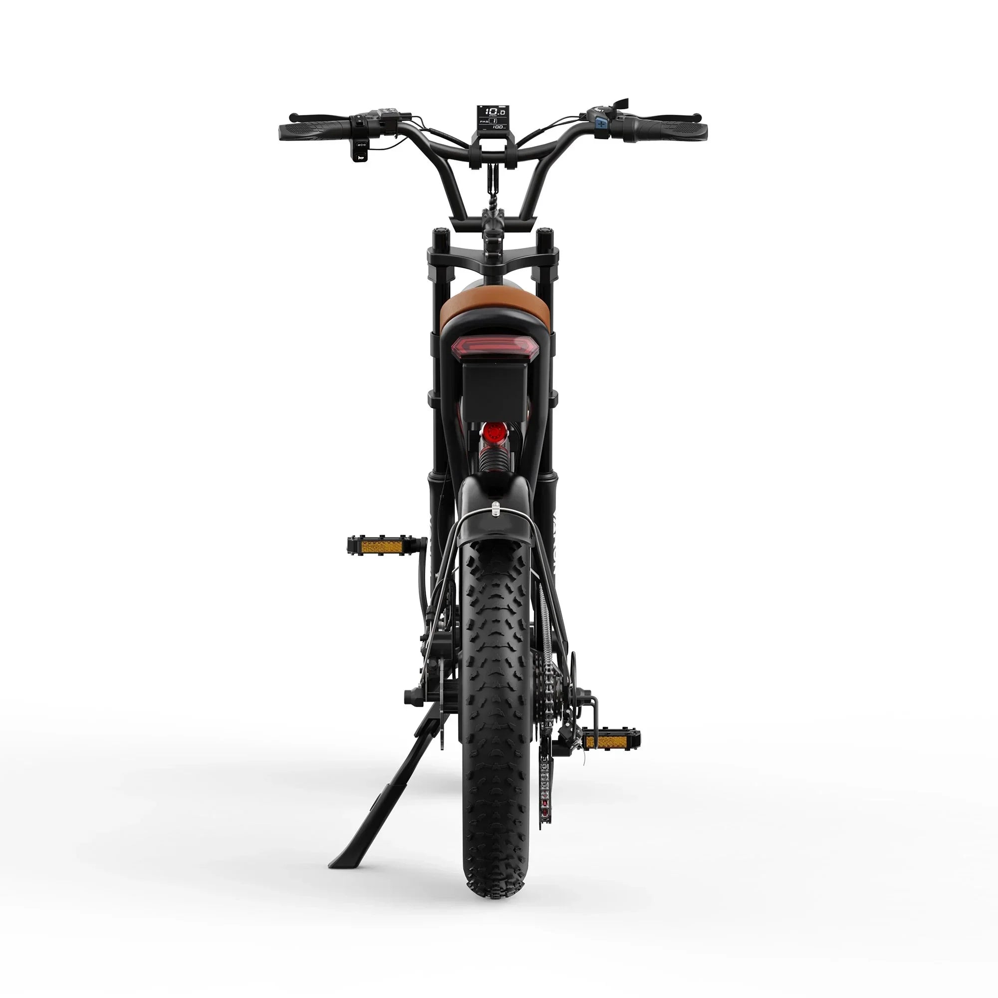 Rear view of black off-road electric mountain bike with brown seat and wide knobby tires