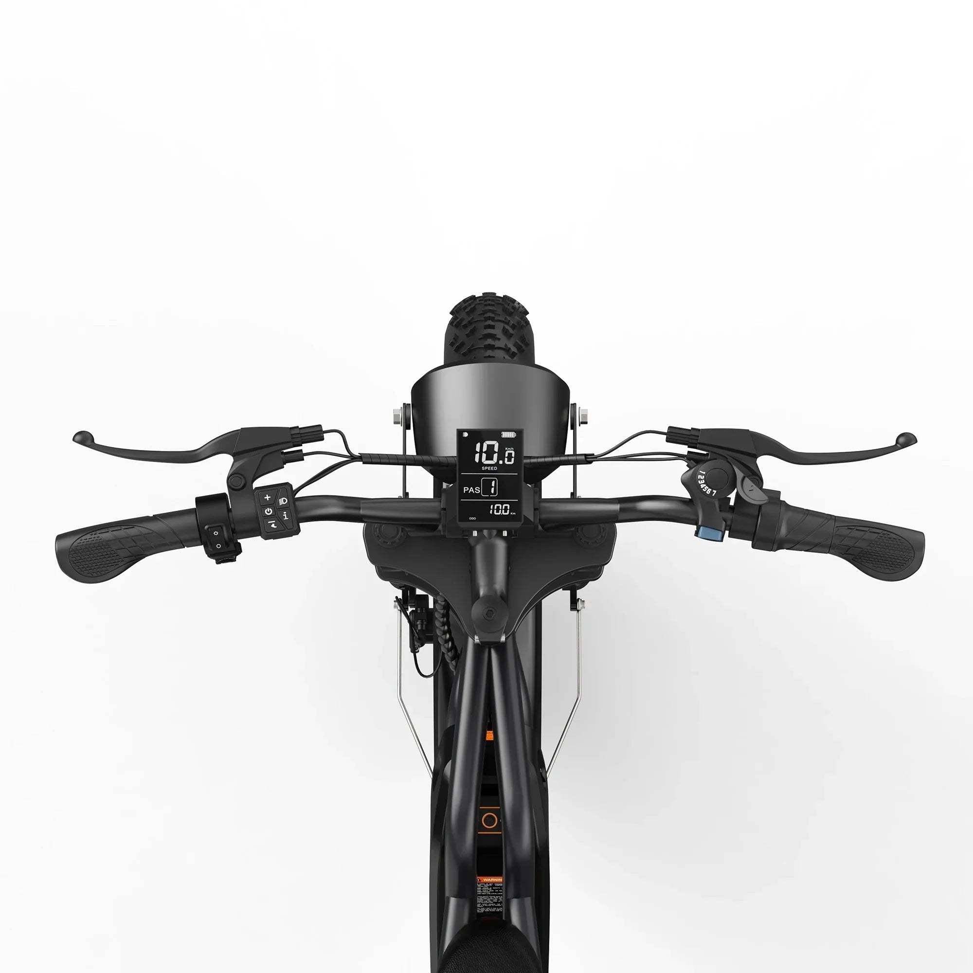 Black mountain e-bike handlebar with digital display, gear shifter, and brake levers on white background