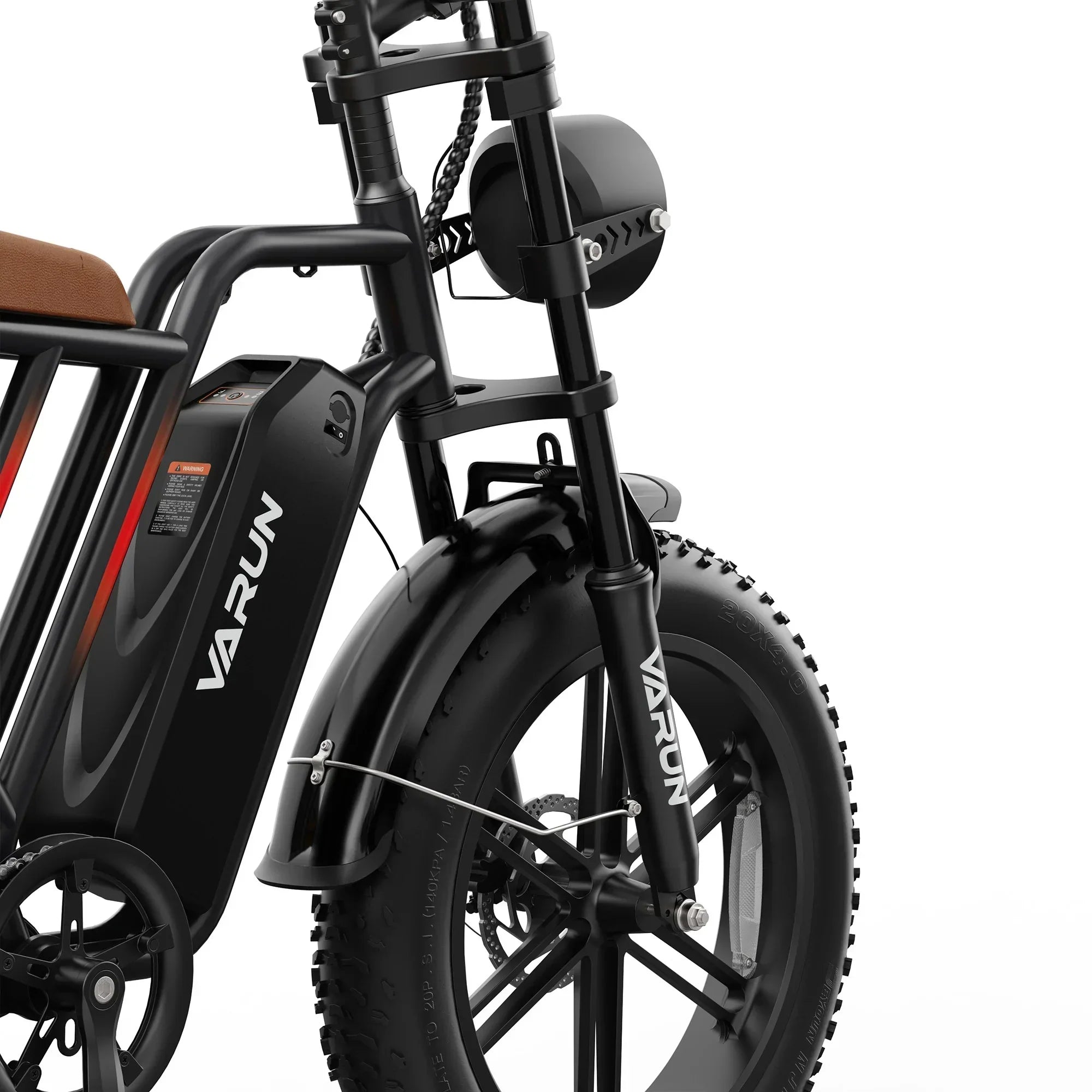 Black Varun off-road electric mountain bike with fat tires and brown seat