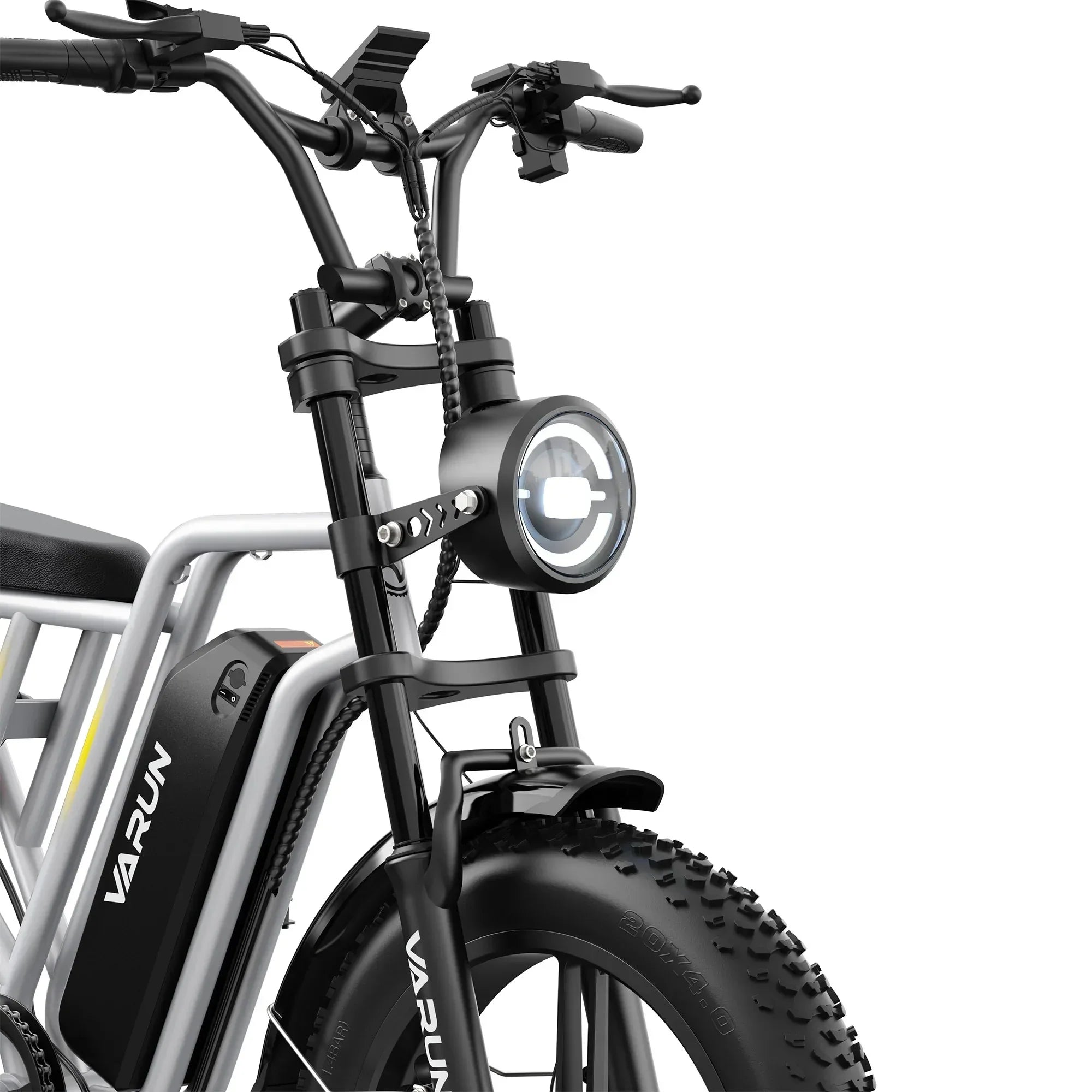 Close-up of silver VARUN electric mountain bike with fat tires and LED headlight on white background