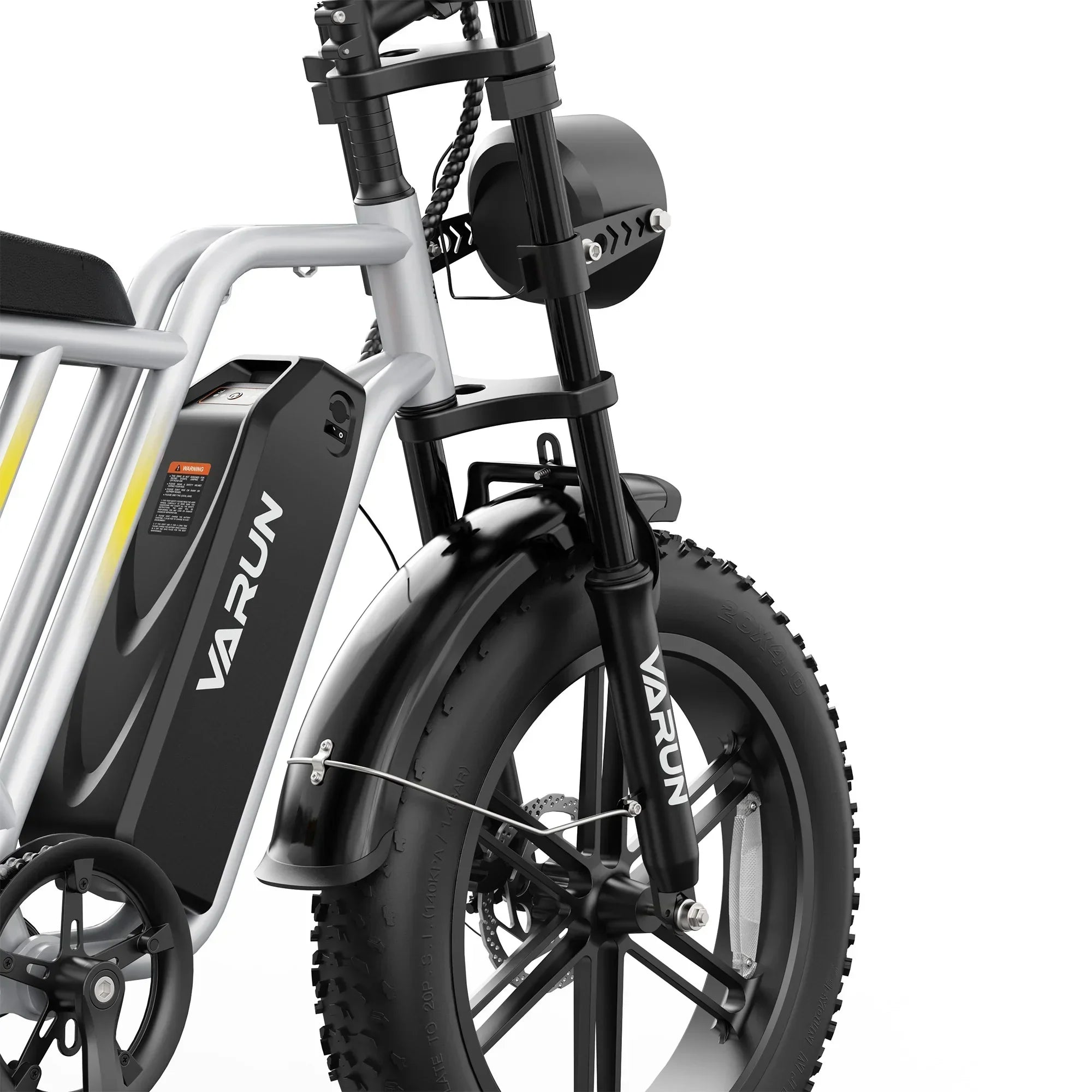 Close-up of VARUN electric mountain bike front section with fat tire and black battery pack