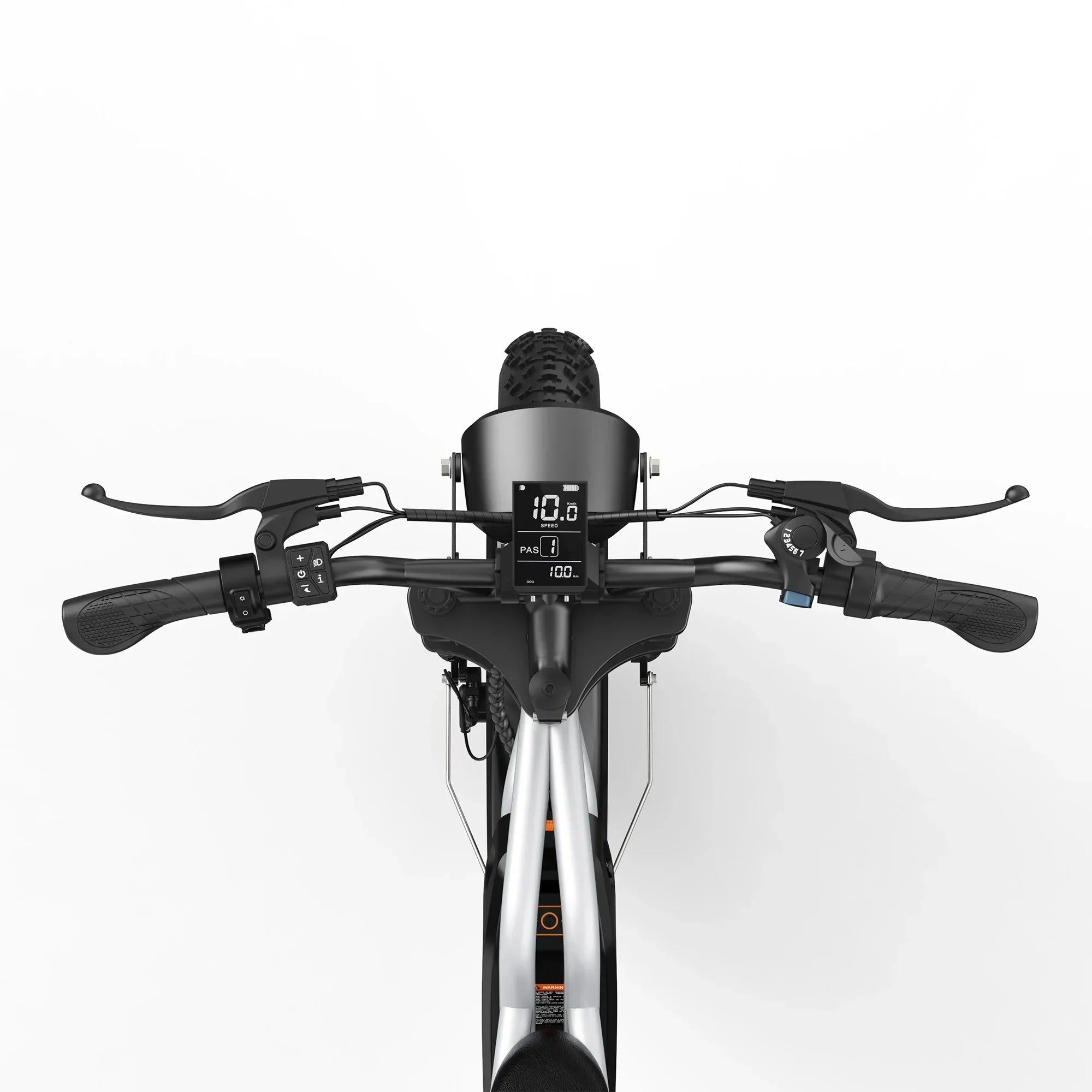 Handlebars and digital display of silver VARUN X PLORER off-road mountain e-bike