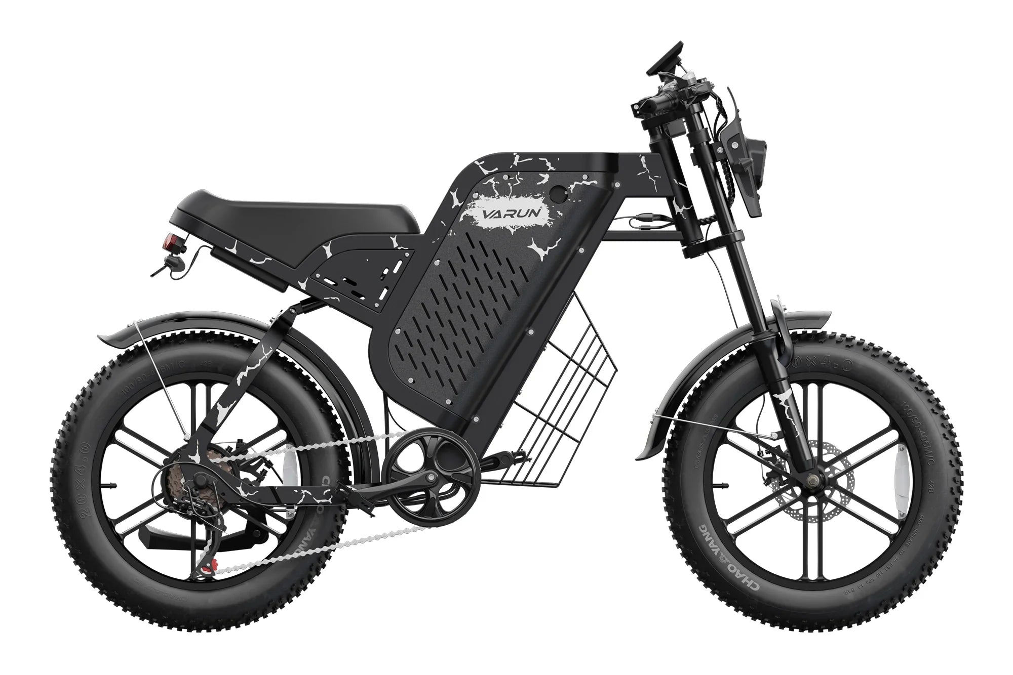 Black Varun electric motocross bike with fat tires and a basket on white background