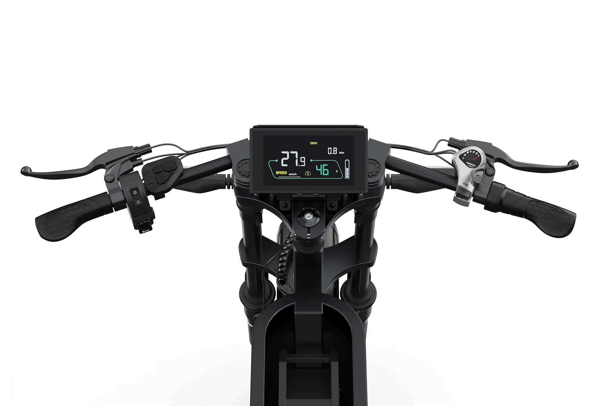 Electric motocross bike handlebar with digital display showing speed and voltage