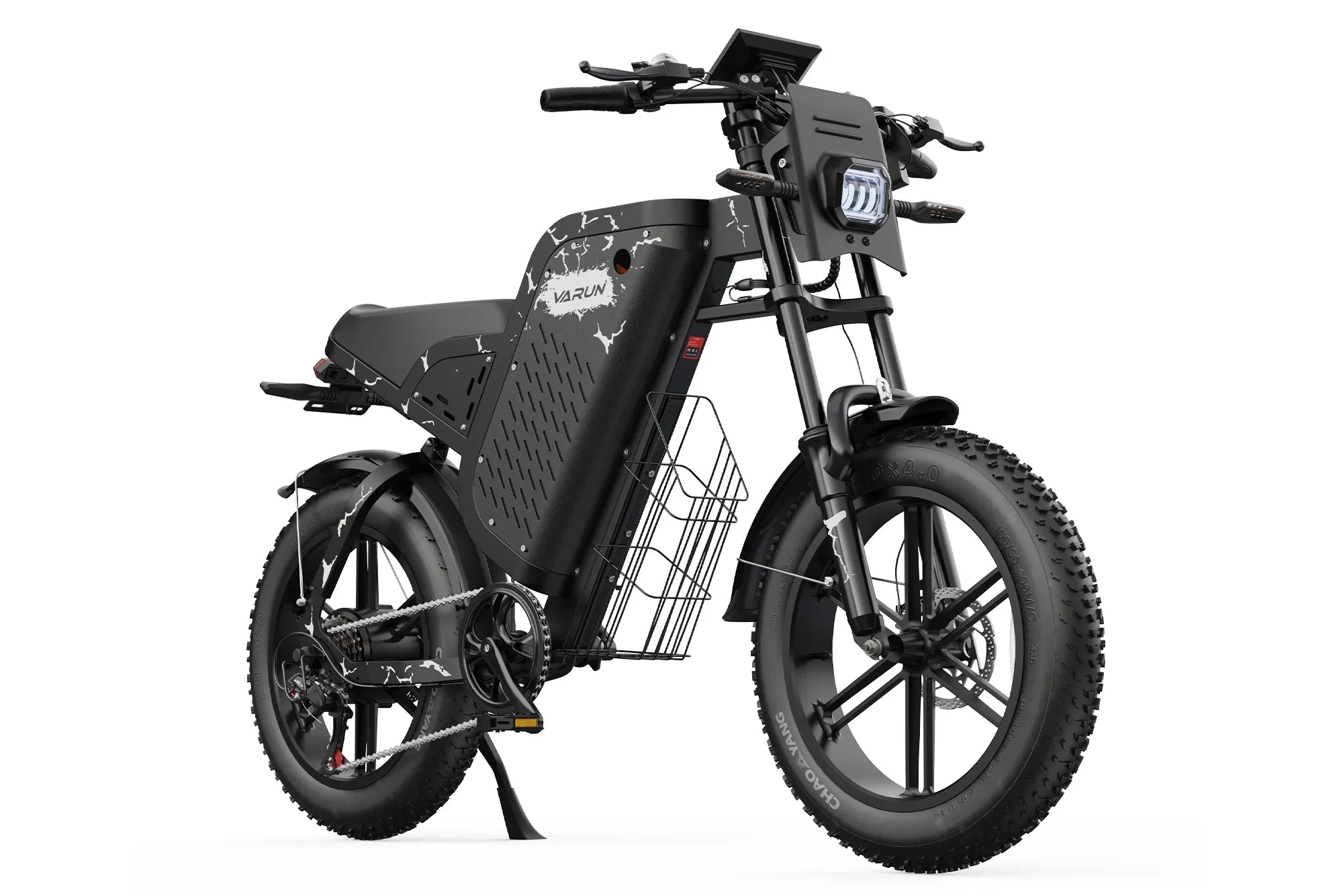 Black and white Varun electric motocross bicycle with fat tires and front headlight on white background