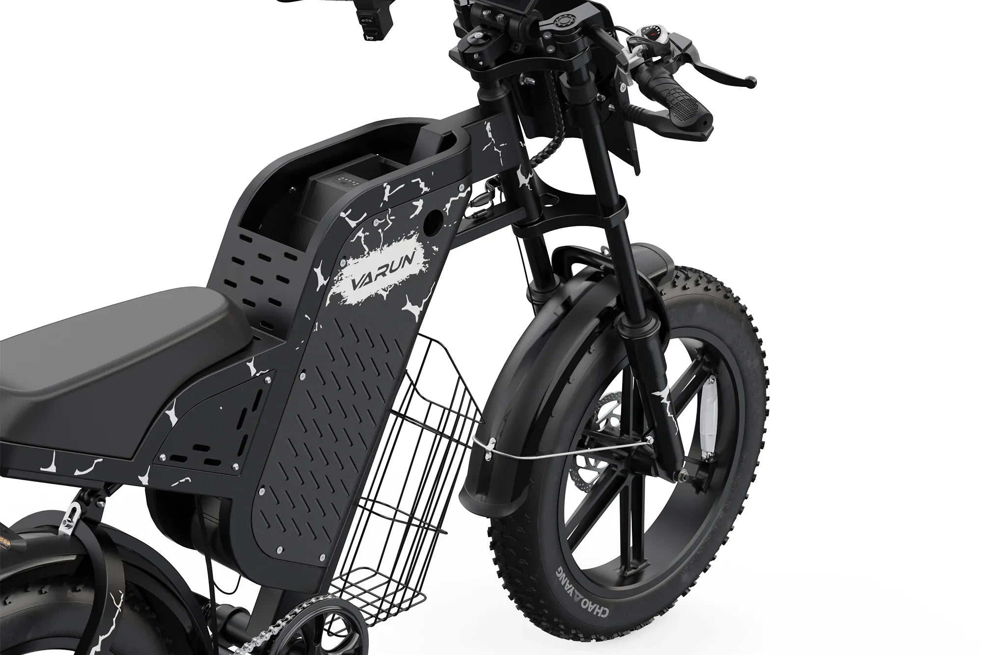 Close-up of black and white Varun electric motocross bike front wheel, battery compartment, and handlebars