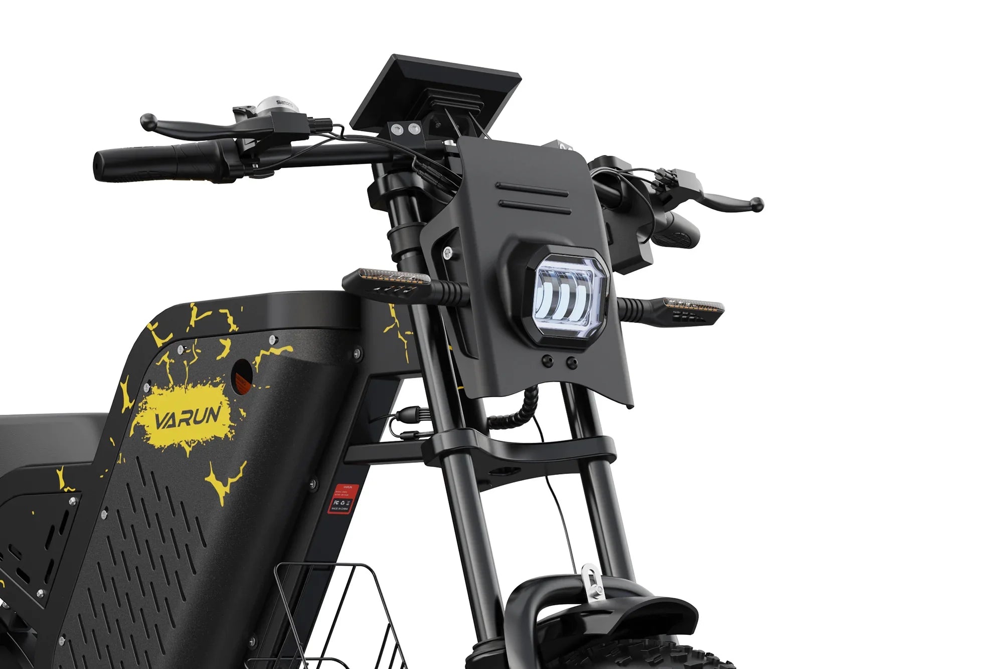 Close-up of Varun Beast electric motocross bike front with LED headlight and yellow-black design