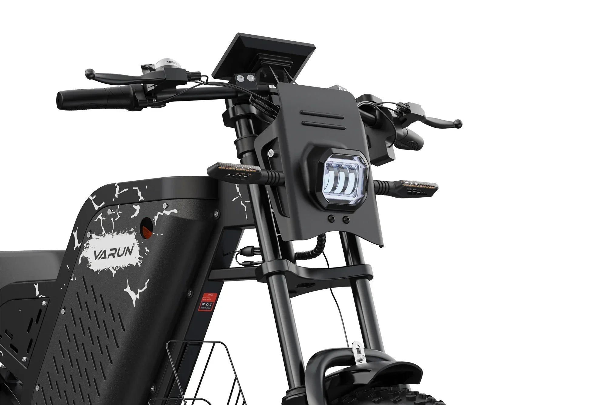 Close-up of Varun Raptor electric motorcycle with black frame, LED headlight, and handlebar controls