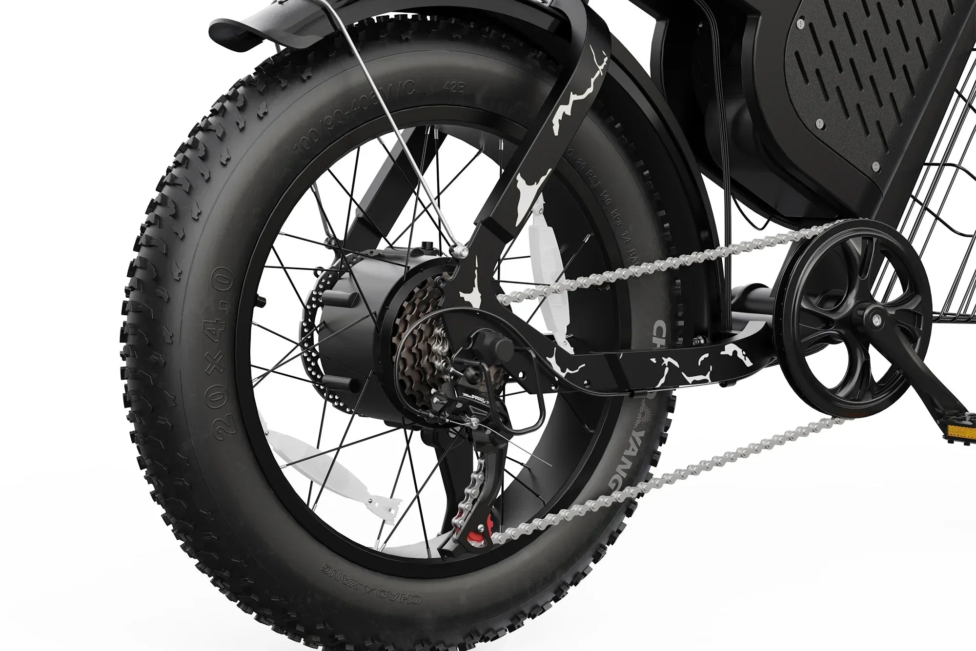 Close-up of rear wheel and drivetrain of Varun X Plorer Raptor electric bicycle with fat tire and black frame