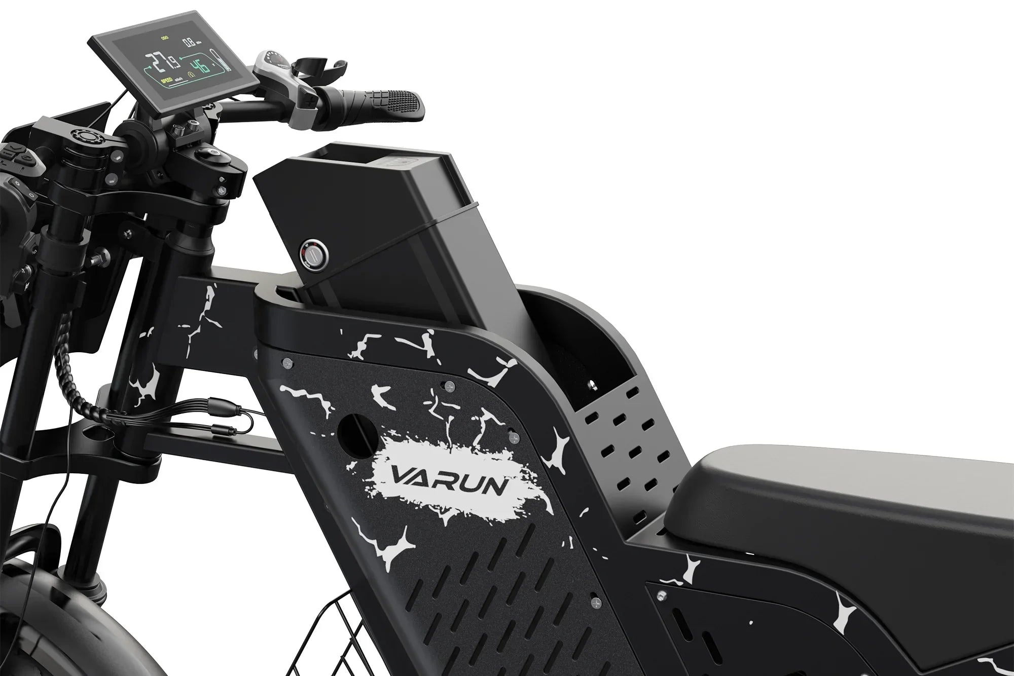 Close-up of VARUN electric motorcycle with digital display, black frame, and angular battery compartment