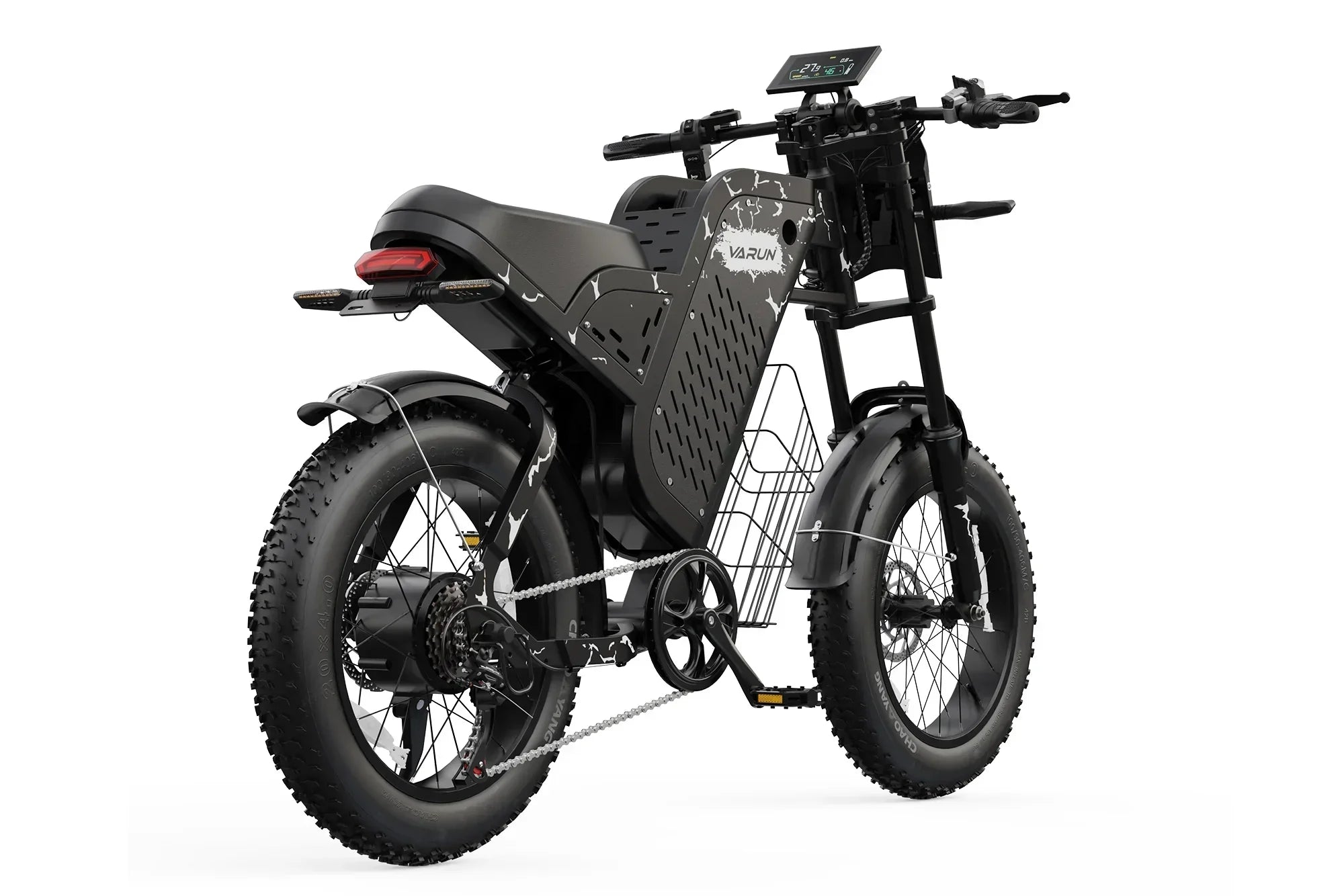 Black Varun Raptor electric motorcycle with fat tires, digital display, rear and front fenders, and cargo basket