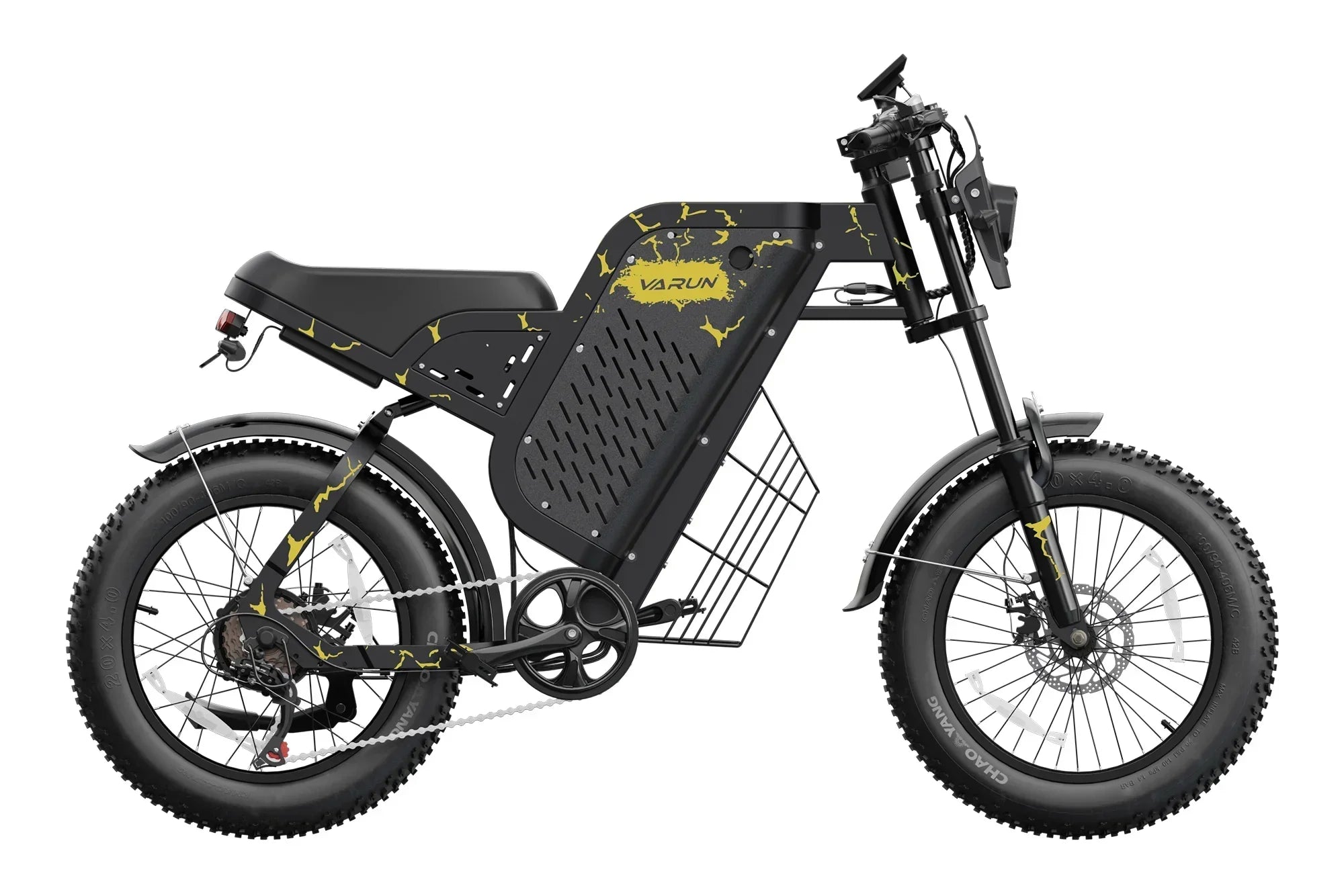 Yellow and black Varun electric bike with fat tires, basket, and modern design on white background